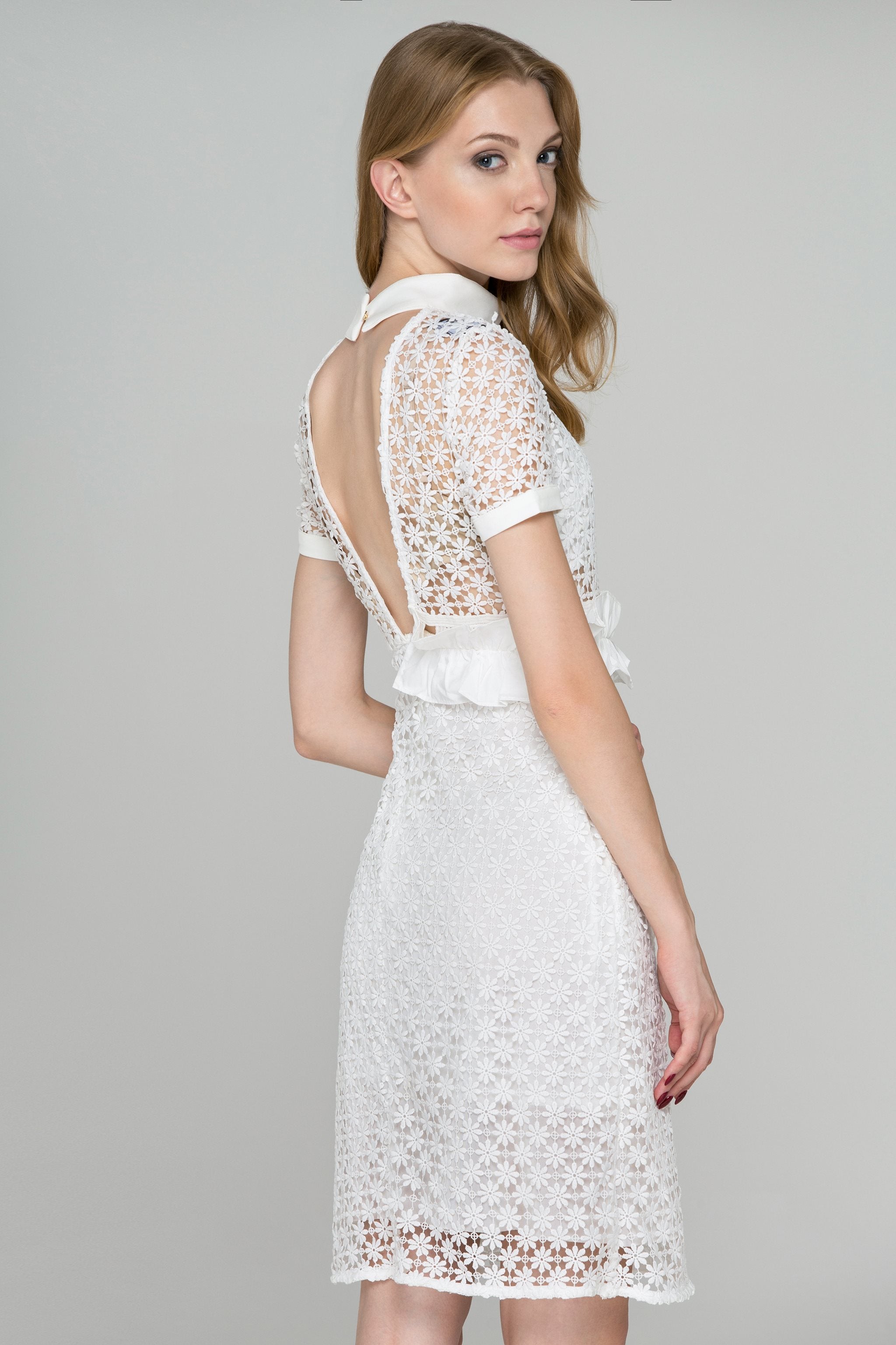 White Lace Side Button Collared Midi Dress - ownthelooks-Development
