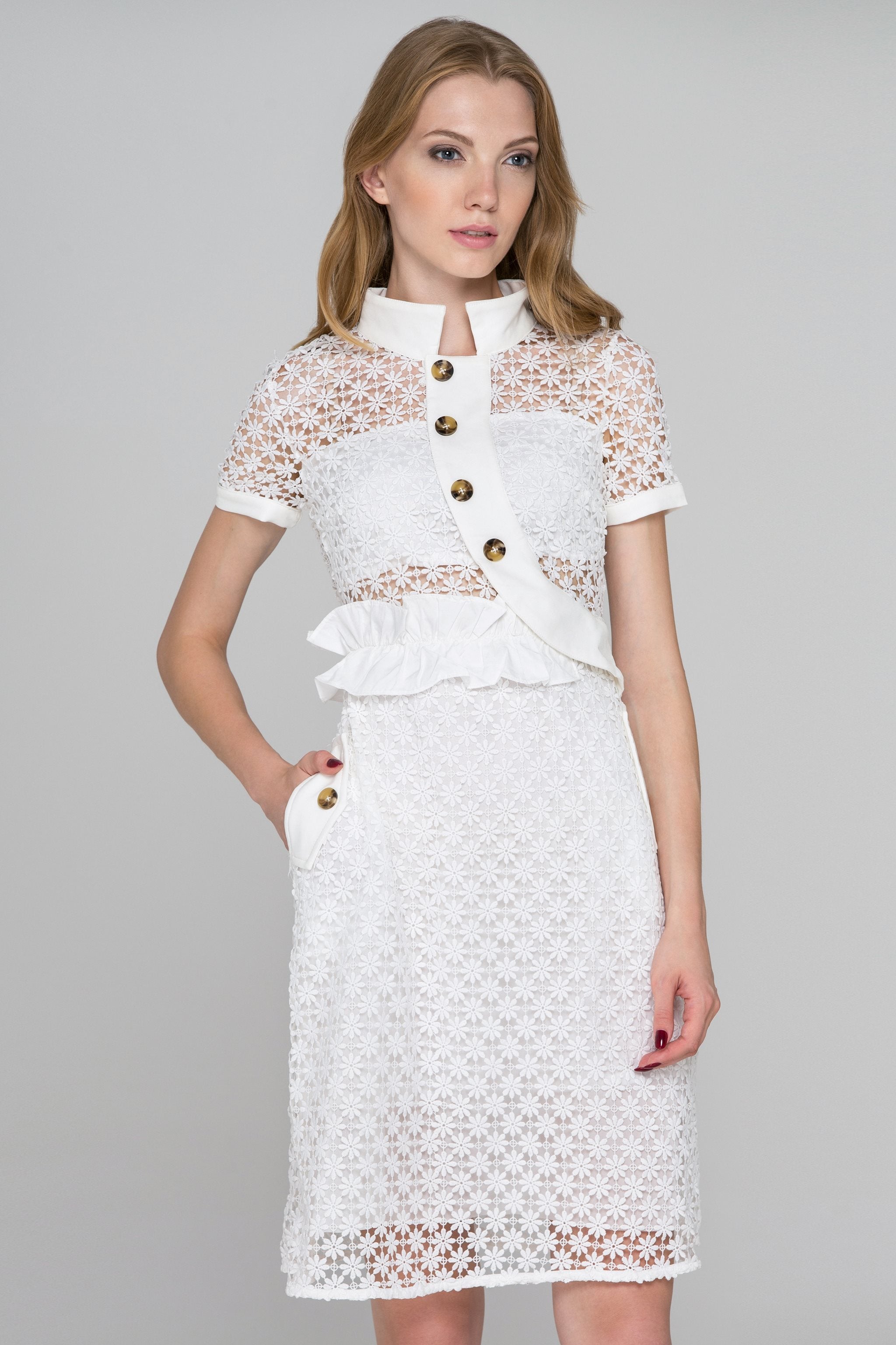White Lace Side Button Collared Midi Dress - ownthelooks-Development