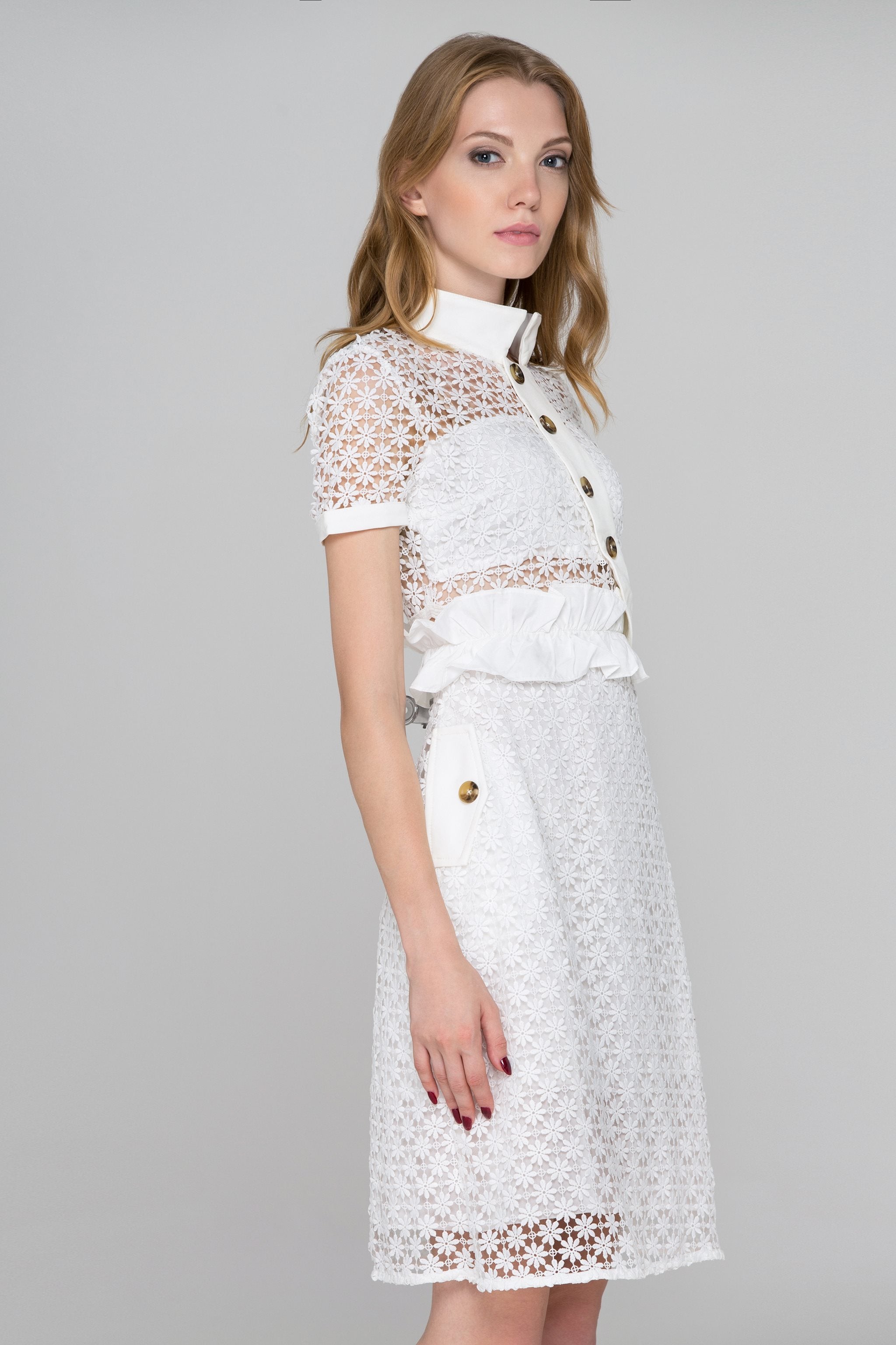 White Lace Side Button Collared Midi Dress - ownthelooks-Development