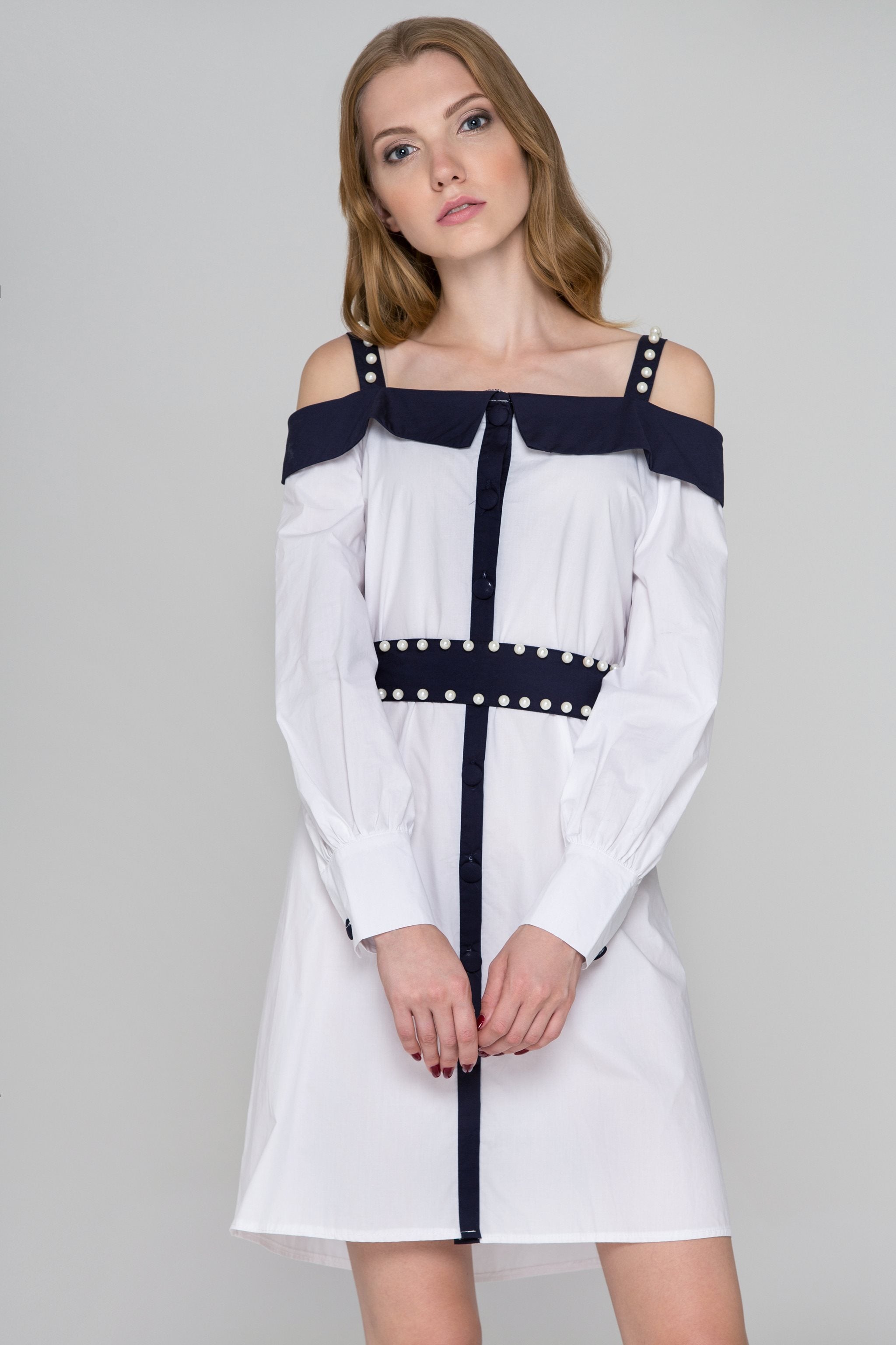 White and Blue Trim with Pearls Cold Shoulder Midi Dress - ownthelooks-Development