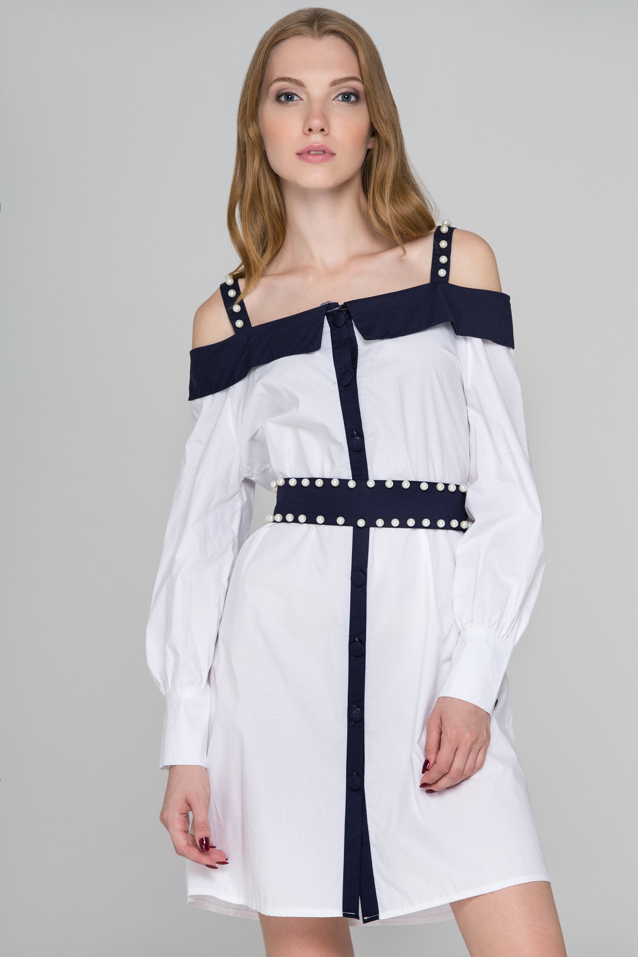 White and Blue Trim with Pearls Cold Shoulder Midi Dress - ownthelooks-Development