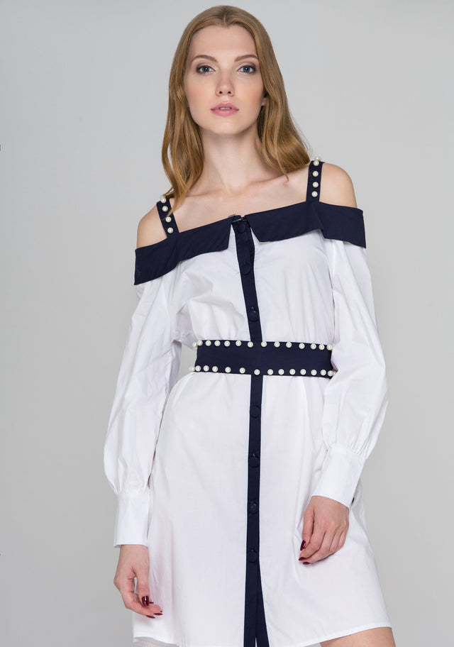 White and Blue Trim with Pearls Cold Shoulder Midi Dress - ownthelooks-Development