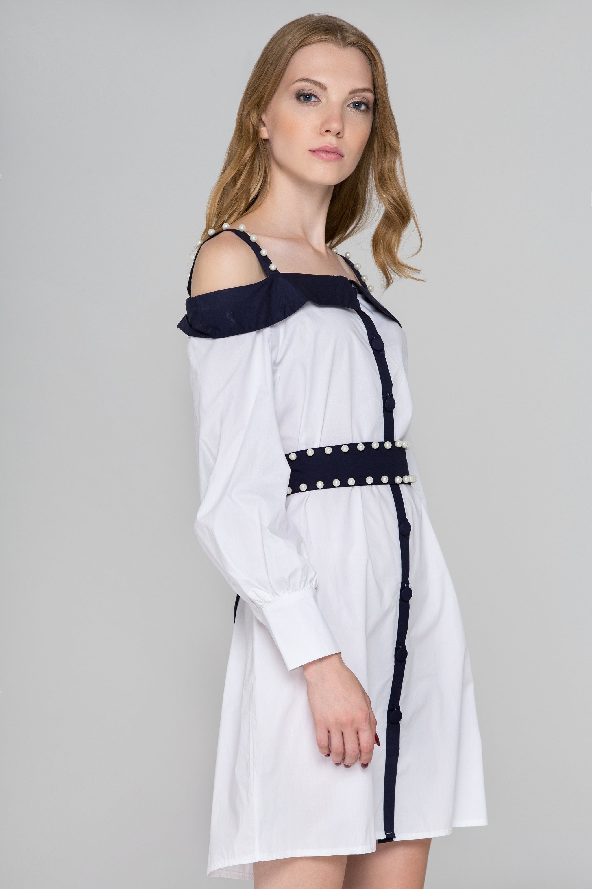 White and Blue Trim with Pearls Cold Shoulder Midi Dress - ownthelooks-Development