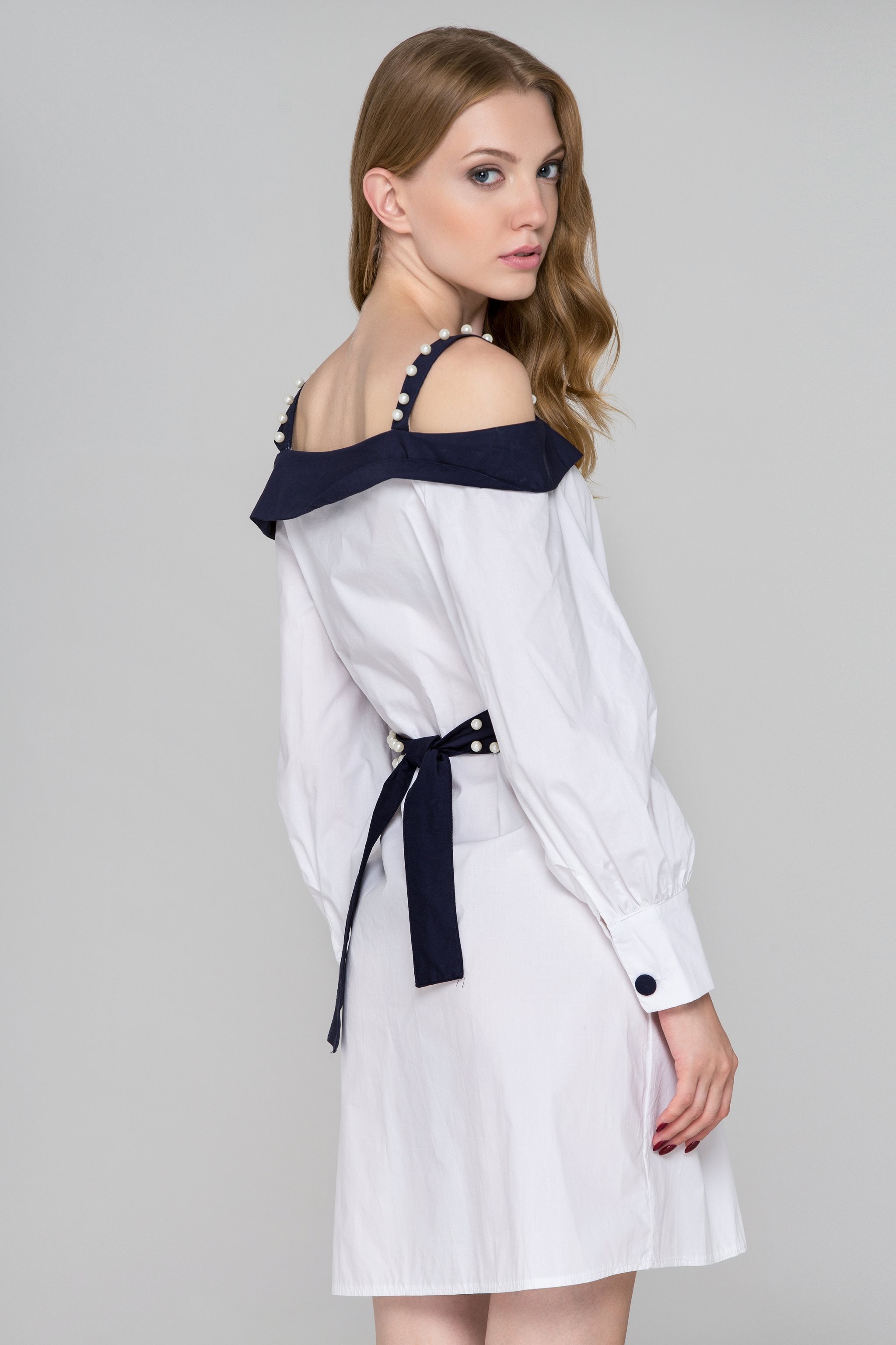 White and Blue Trim with Pearls Cold Shoulder Midi Dress - ownthelooks-Development