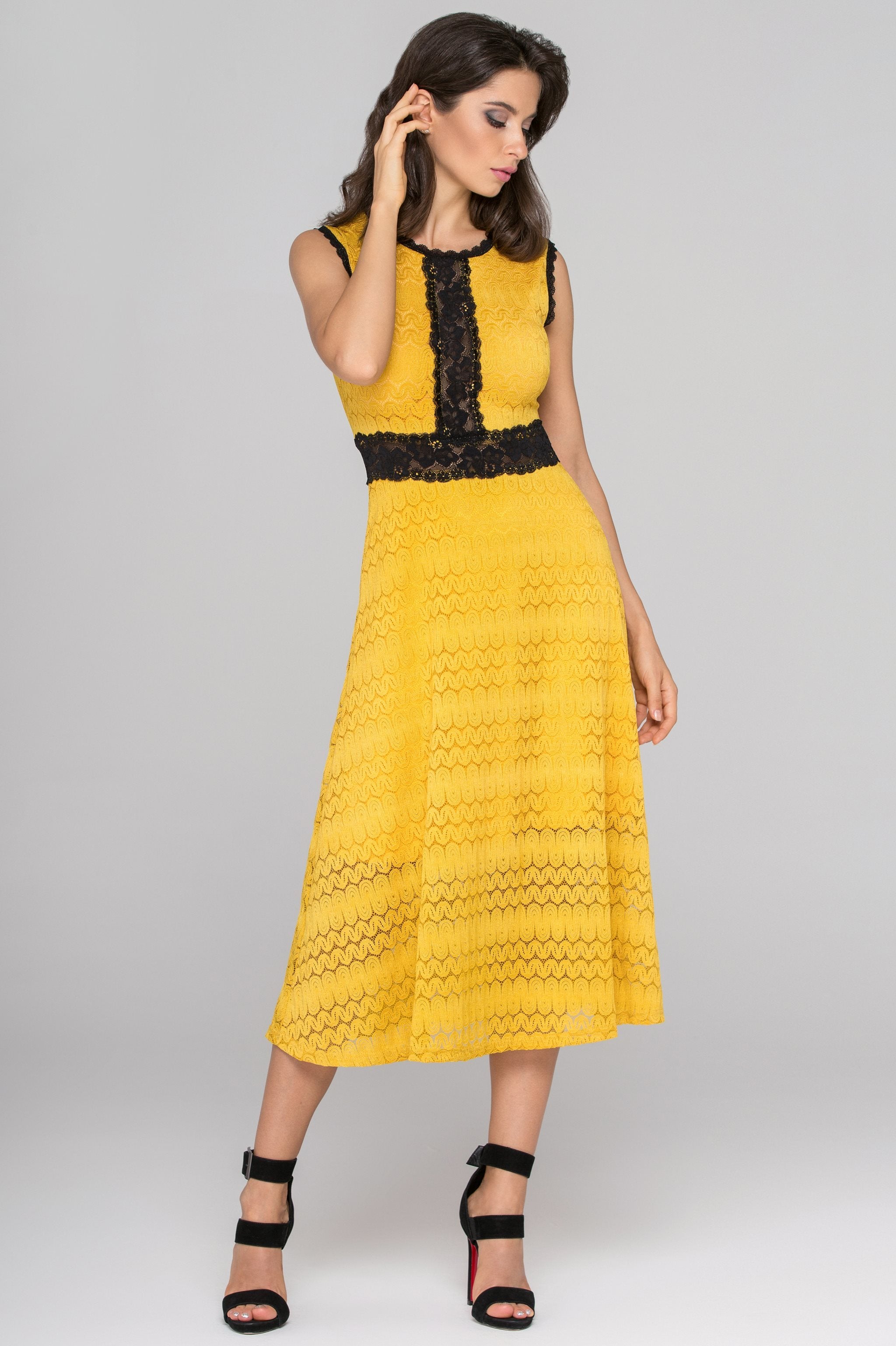 Yellow and Black Lace Midi dress - ownthelooks-Development
