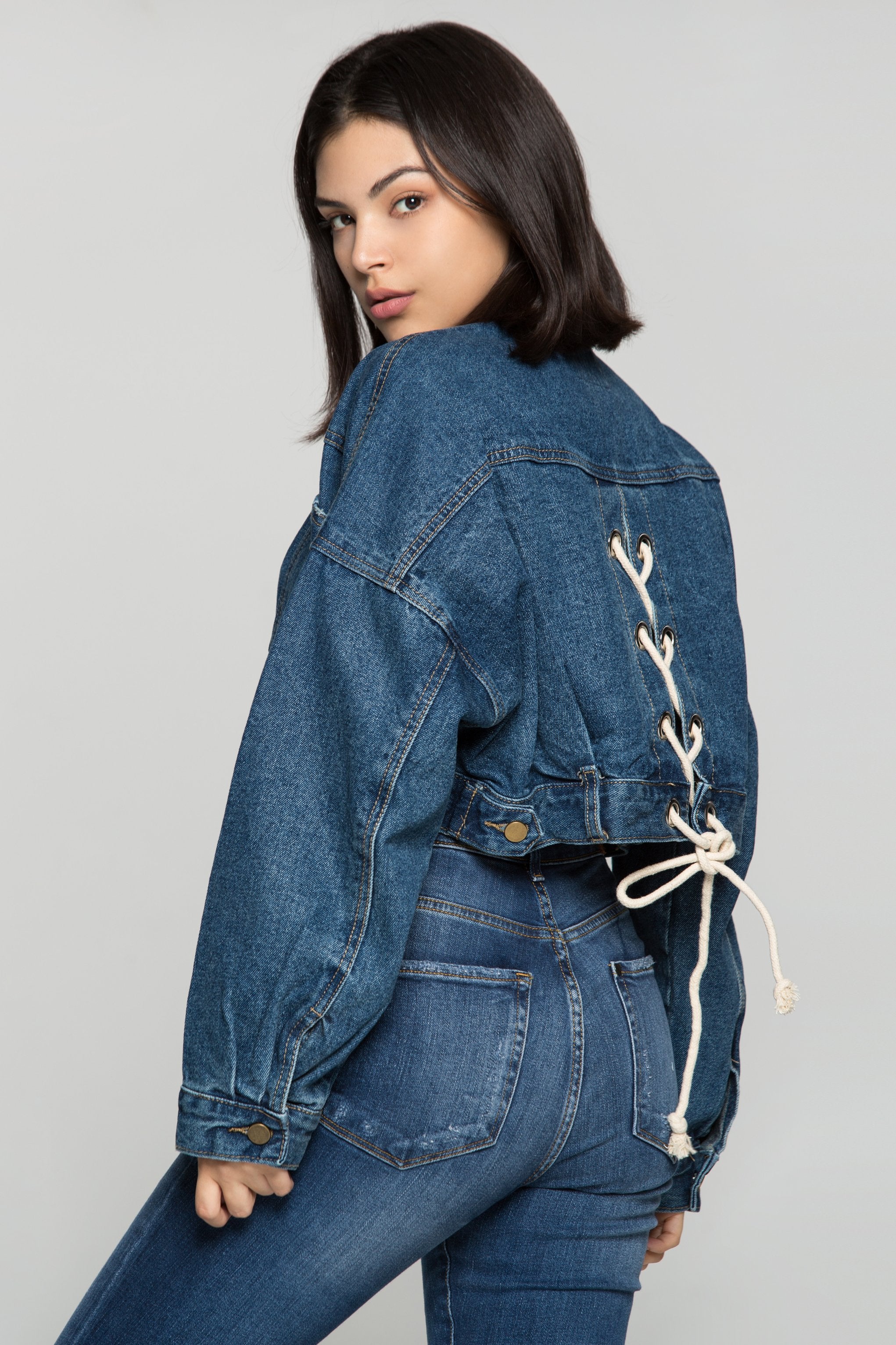 Azure Blue Criss Cross Tie Up Denim Jacket - ownthelooks-Development