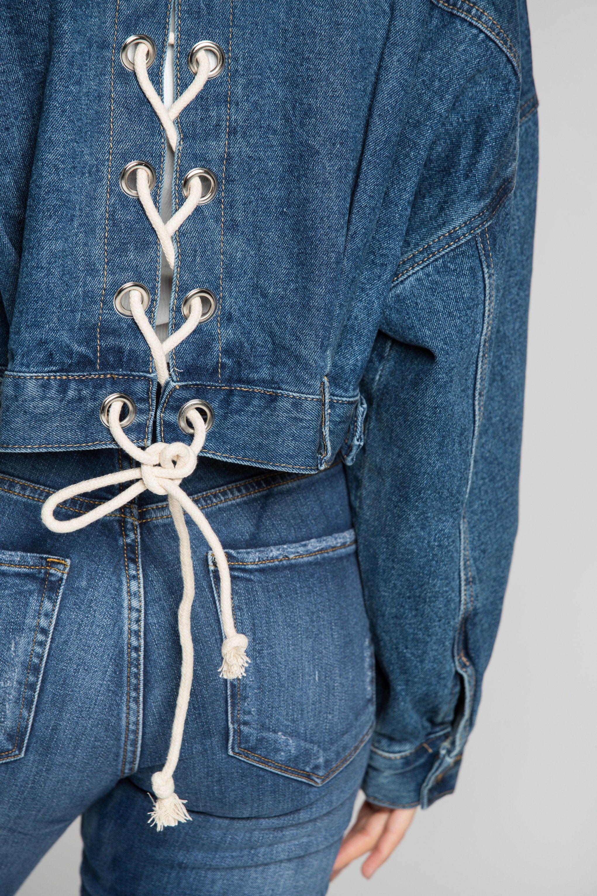 Azure Blue Criss Cross Tie Up Denim Jacket - ownthelooks-Development