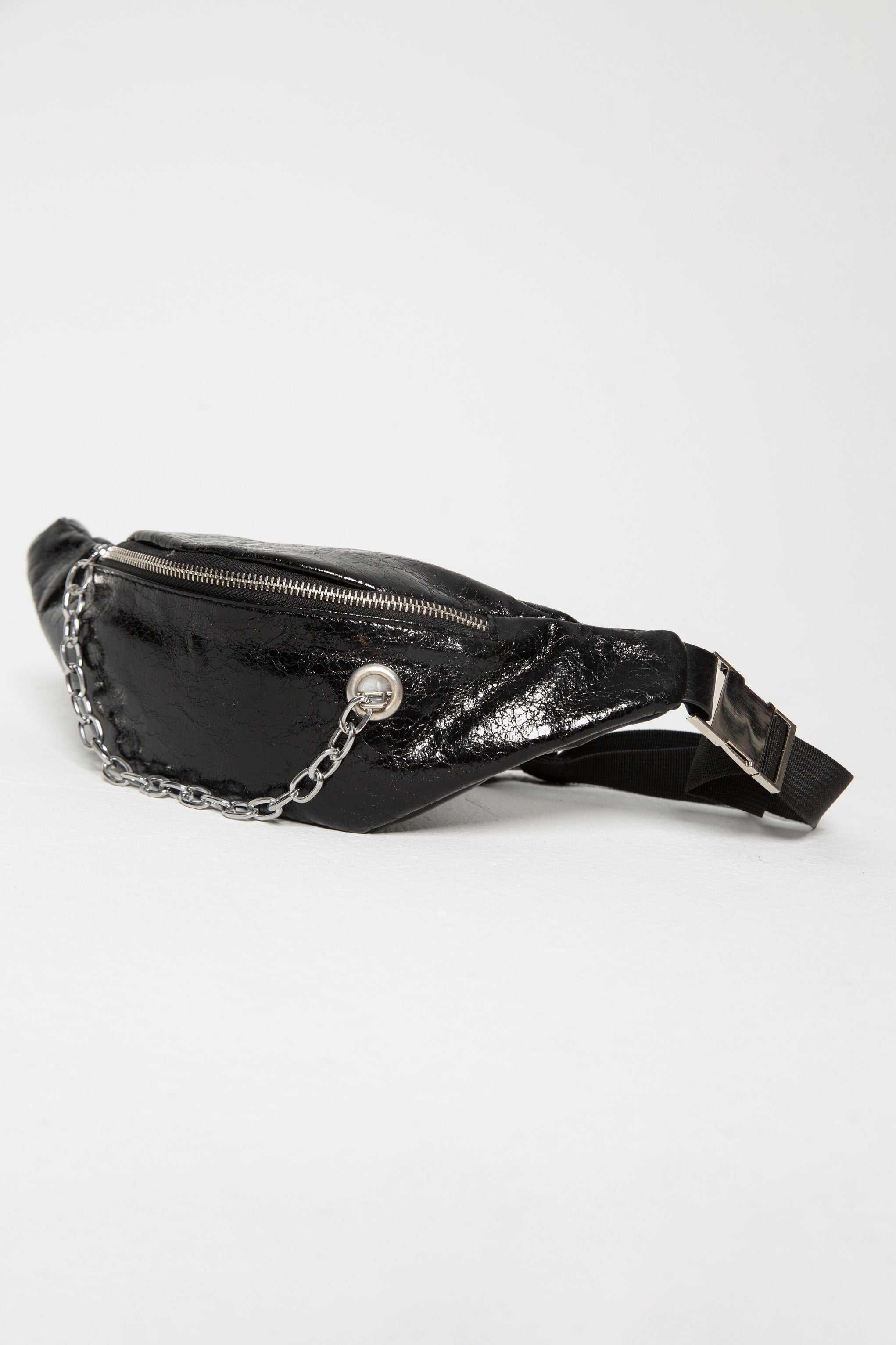 Black Faux Leather Small Chain Detail Beltbag - ownthelooks-Development