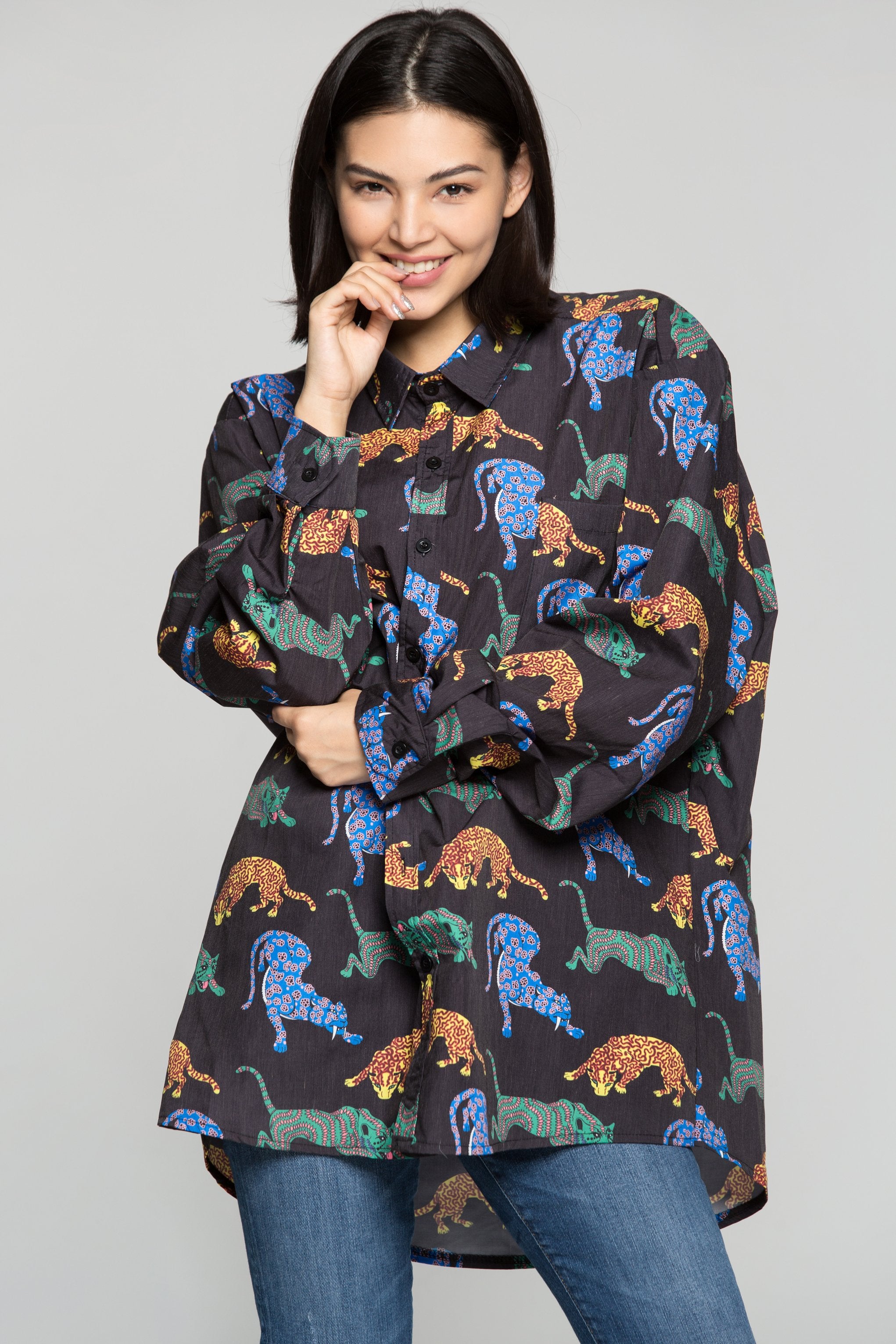 Black Full Sleeves Colourful Tiger Print Shirt - ownthelooks-Development