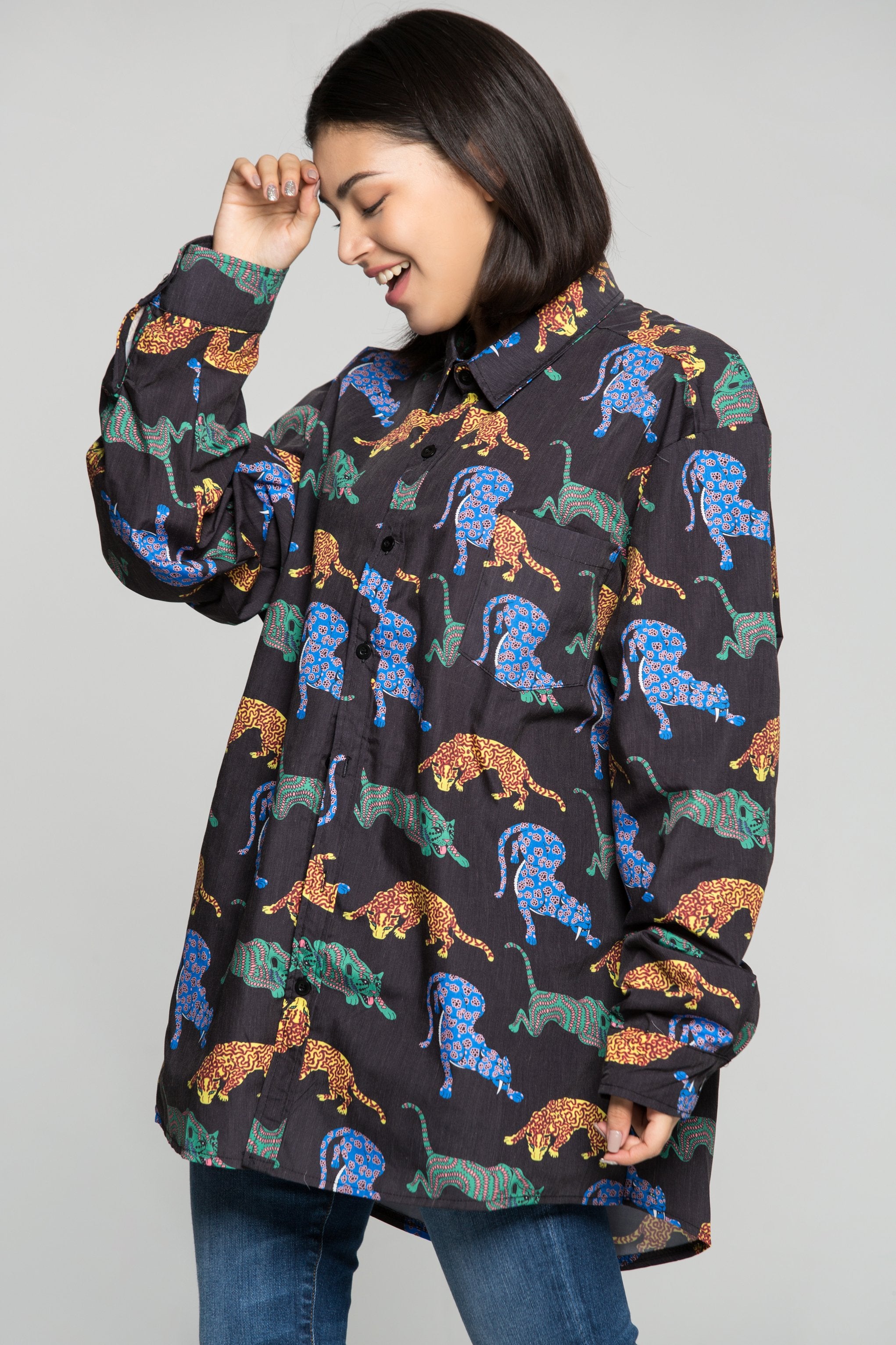 Black Full Sleeves Colourful Tiger Print Shirt - ownthelooks-Development