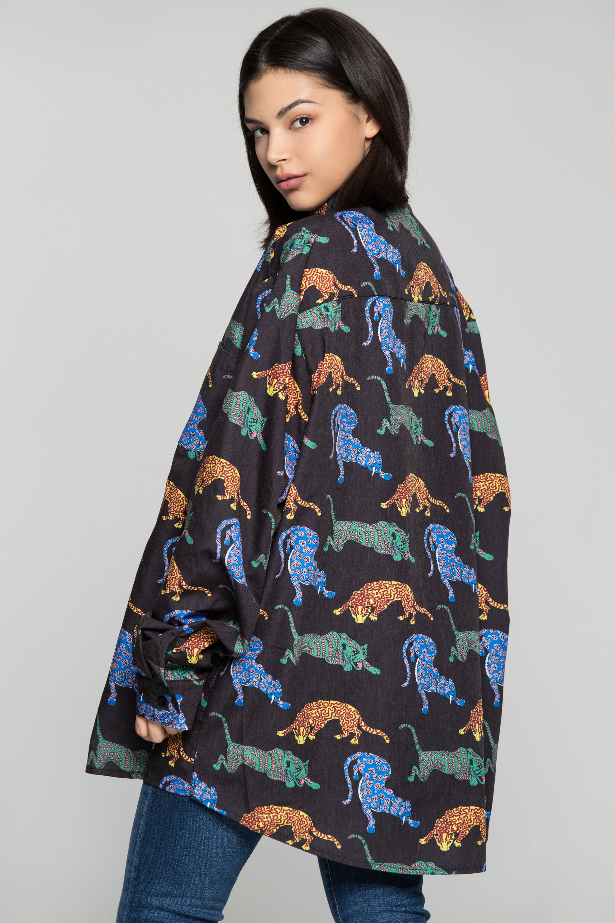 Black Full Sleeves Colourful Tiger Print Shirt - ownthelooks-Development