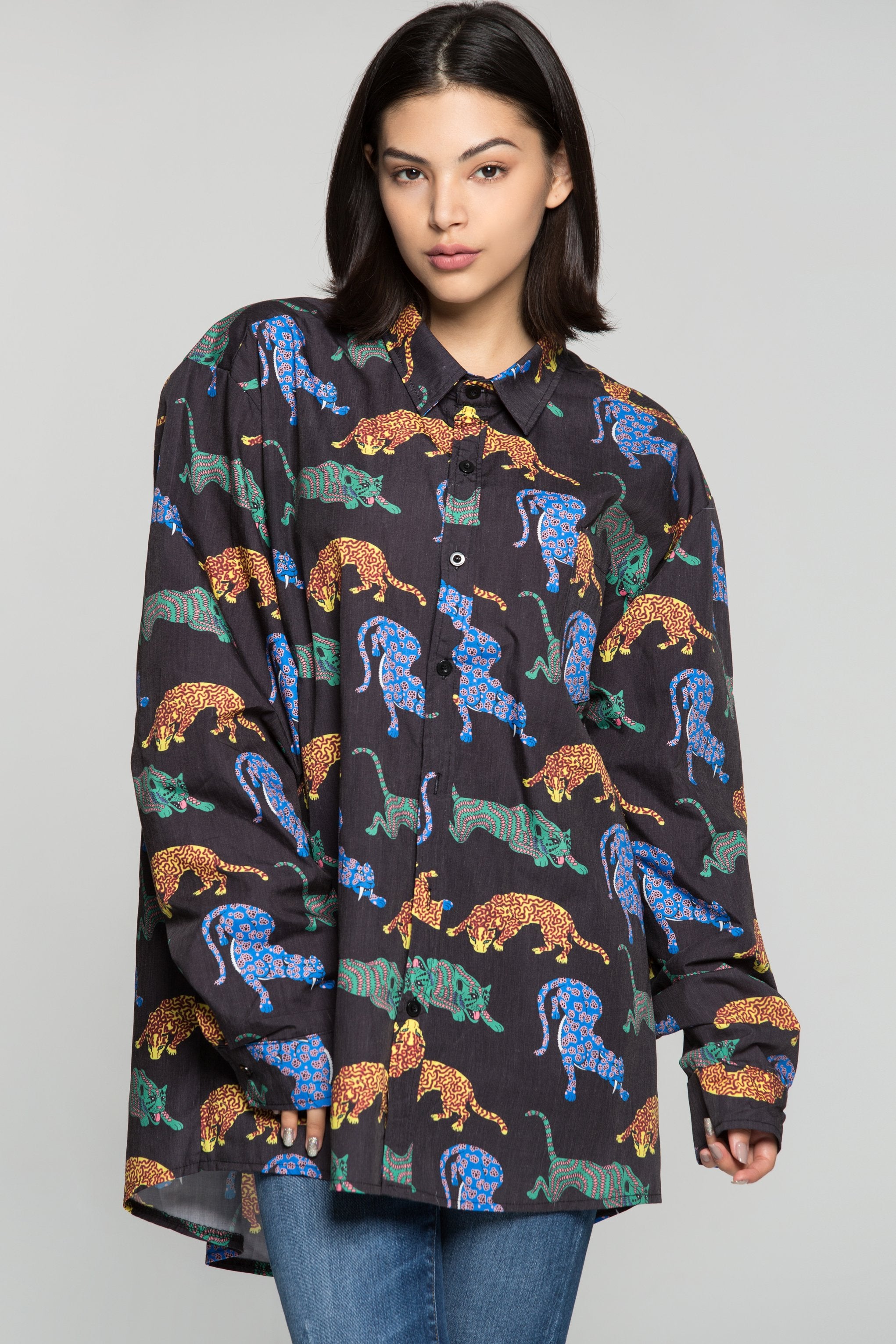 Black Full Sleeves Colourful Tiger Print Shirt - ownthelooks-Development