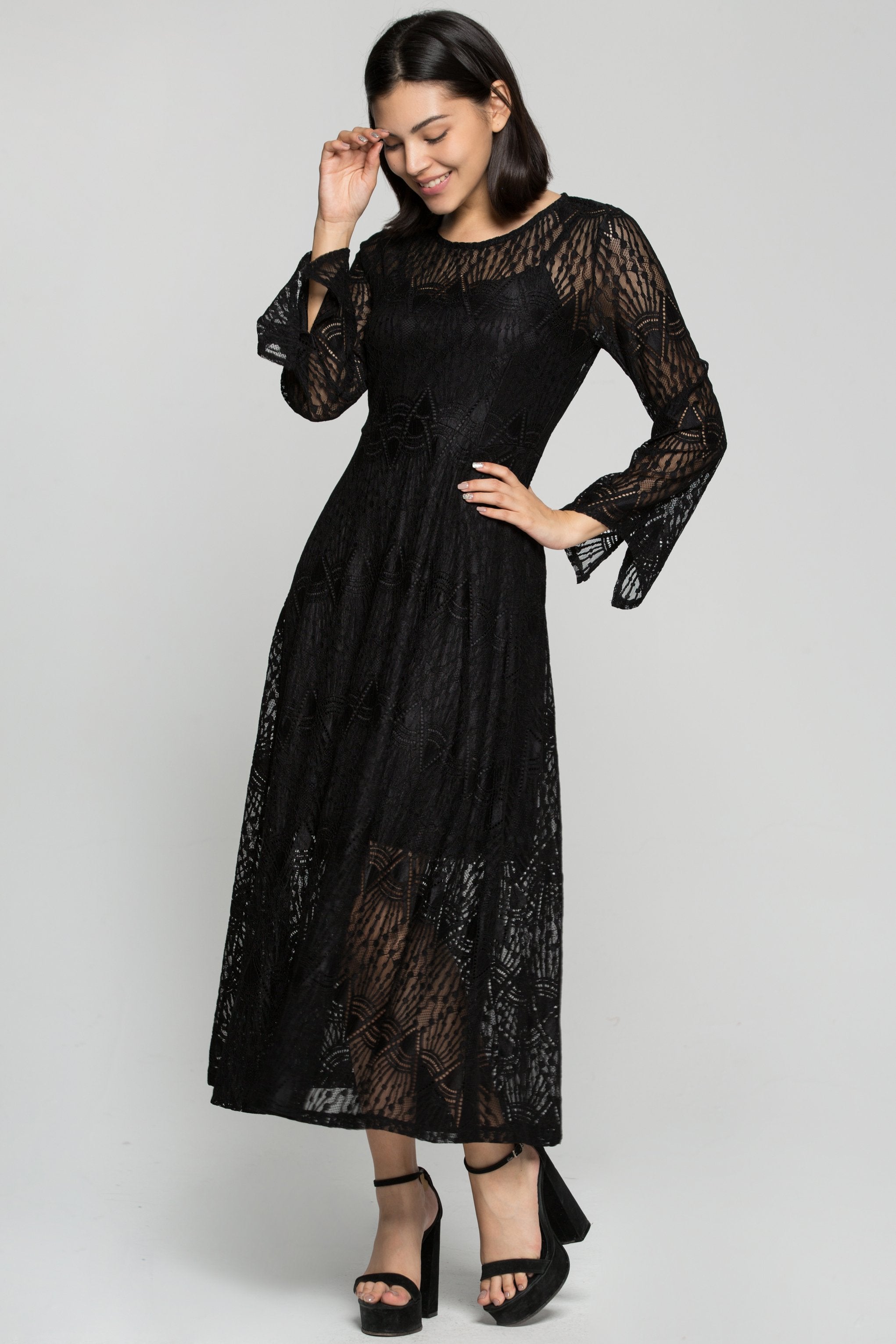 Black Lace Full Sleeves Midi Dress - ownthelooks-Development