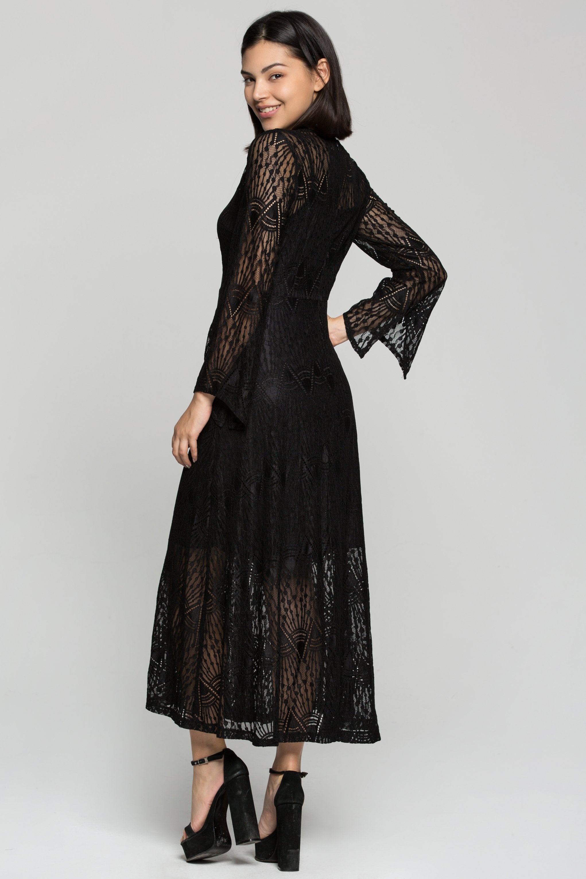 Black Lace Full Sleeves Midi Dress - ownthelooks-Development