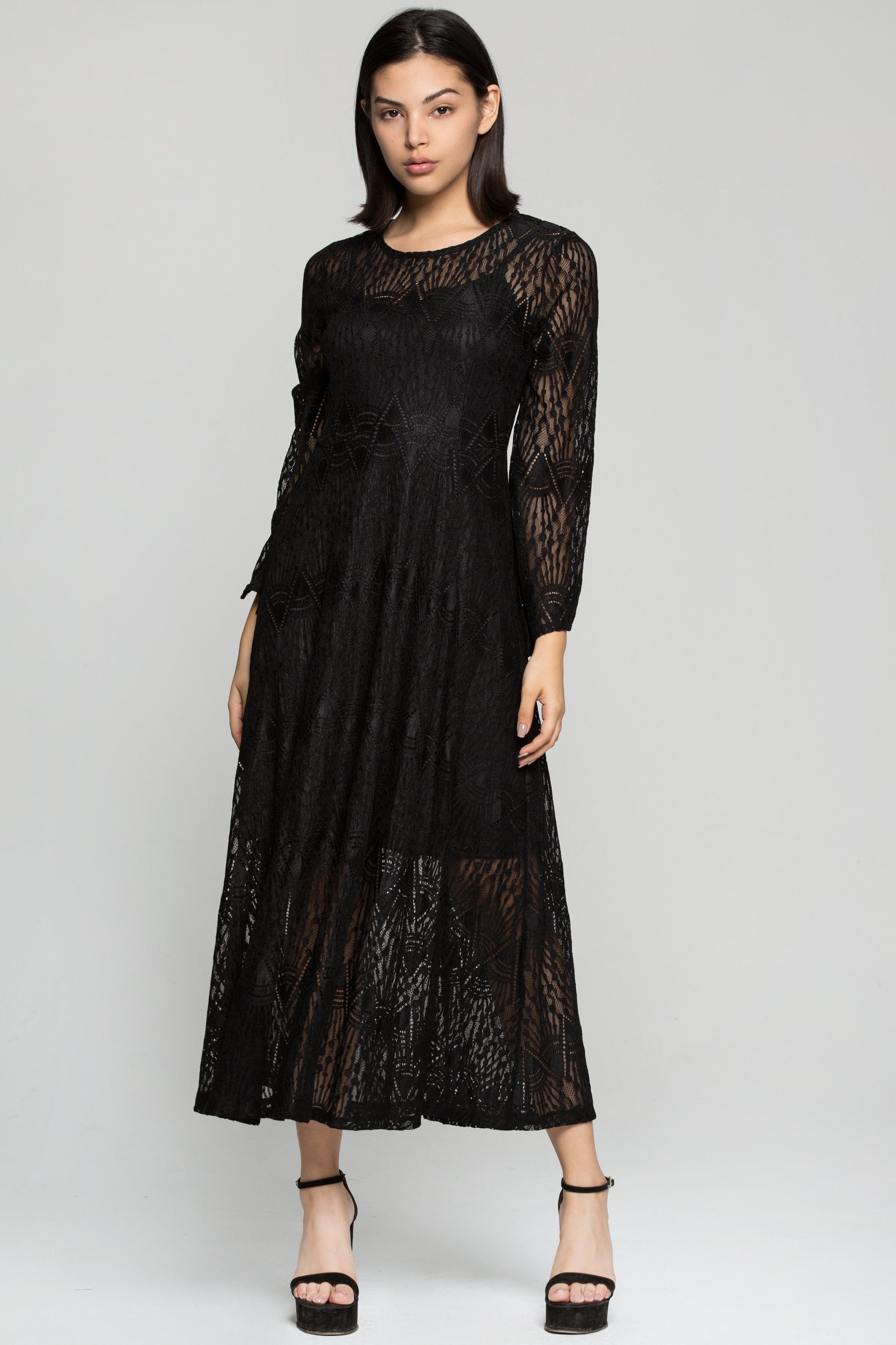 Black Lace Full Sleeves Midi Dress - ownthelooks-Development