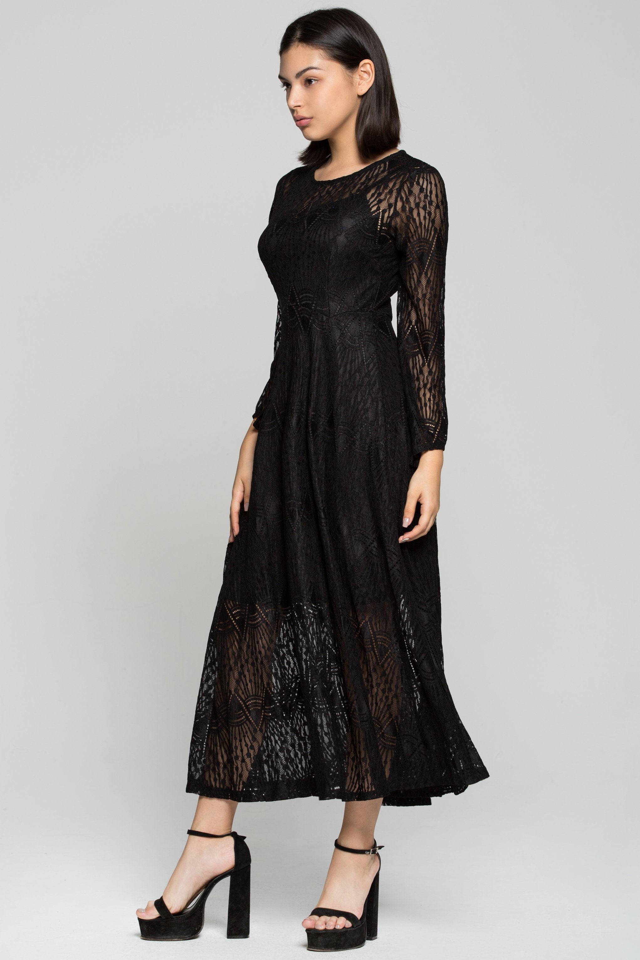 Black Lace Full Sleeves Midi Dress - ownthelooks-Development