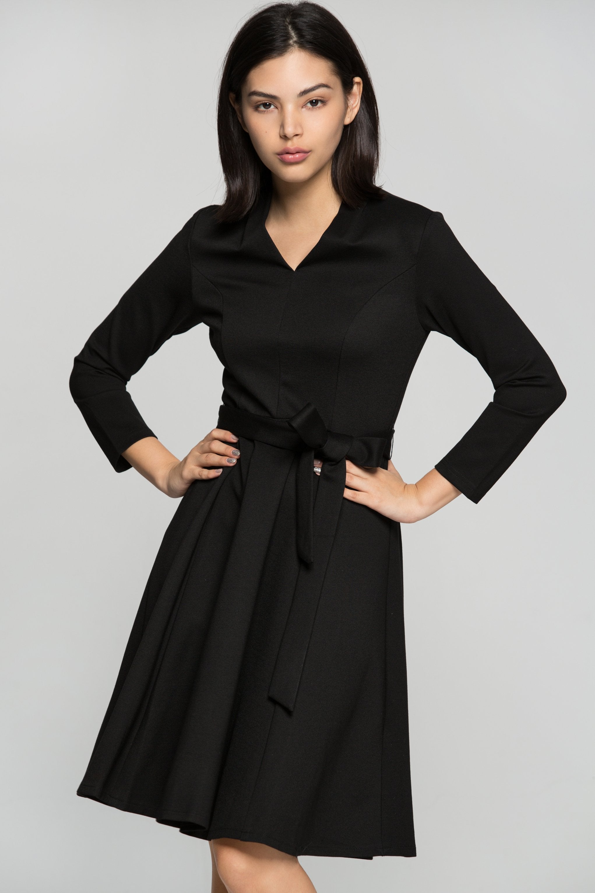 Black Midi Dress with Bow Belt - ownthelooks-Development