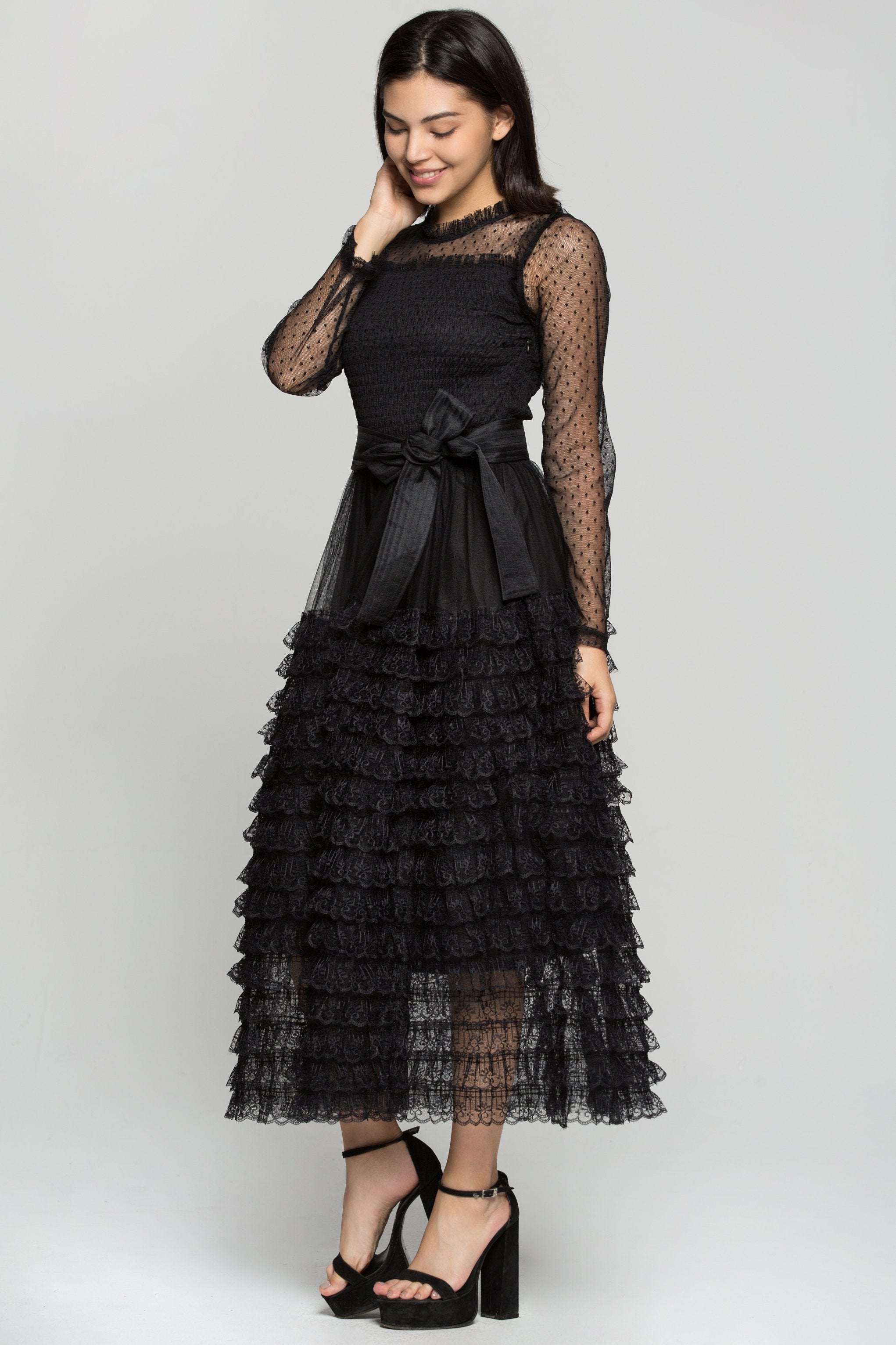 Black Sheer Sleeves Tiered Ruffles Maxi Dress with Belt - ownthelooks-Development