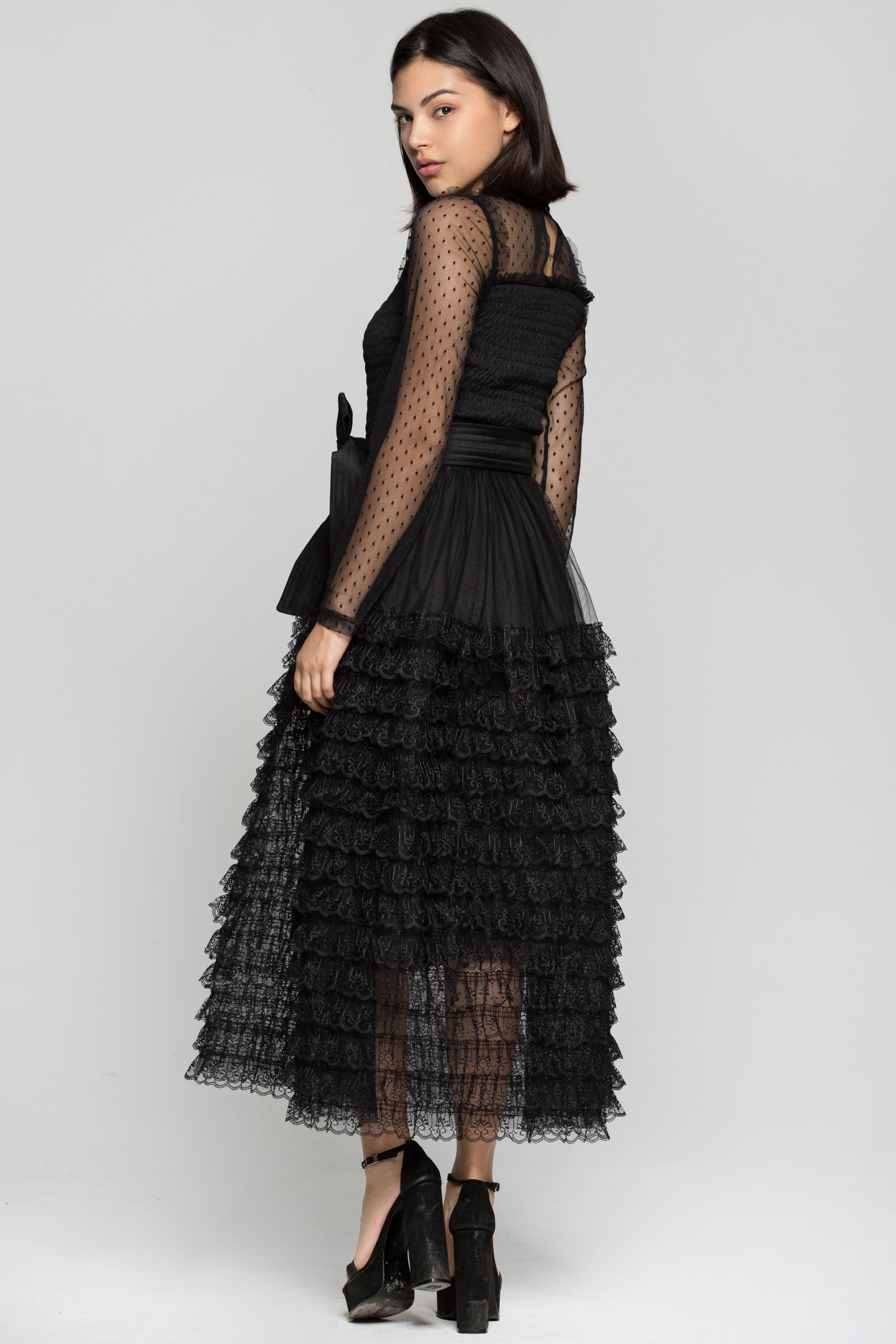 Black Sheer Sleeves Tiered Ruffles Maxi Dress with Belt - ownthelooks-Development
