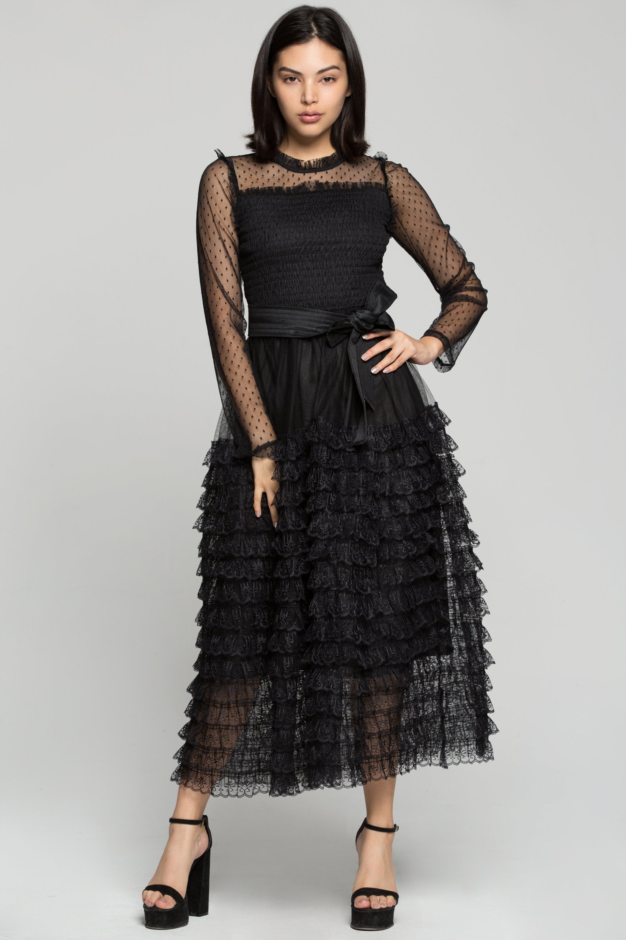 Black Sheer Sleeves Tiered Ruffles Maxi Dress with Belt ownthelooks-Development Black Sheer Sleeves Tiered Ruffles Maxi Dress with Belt ownthelooks-Development