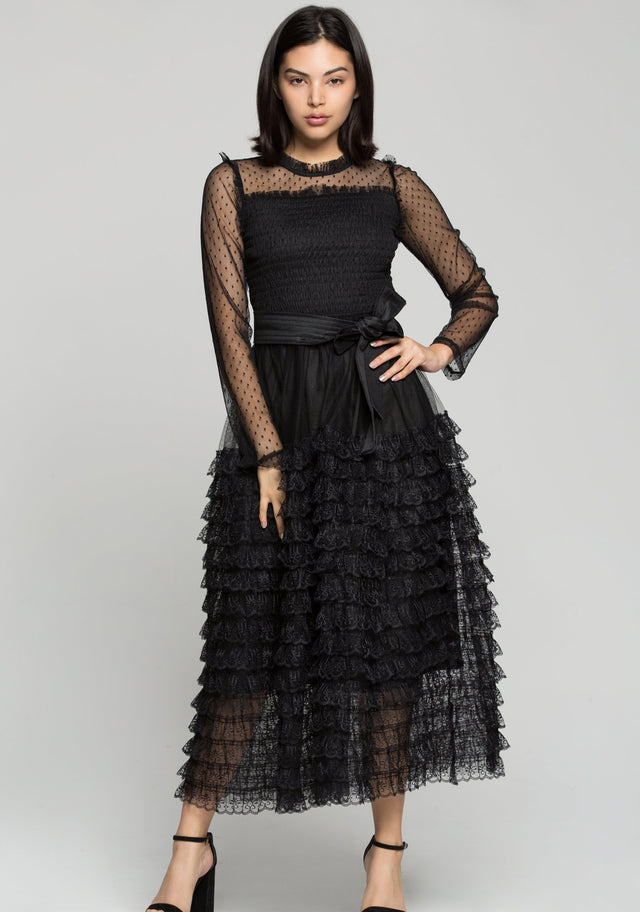 Black Sheer Sleeves Tiered Ruffles Maxi Dress with Belt - ownthelooks-Development