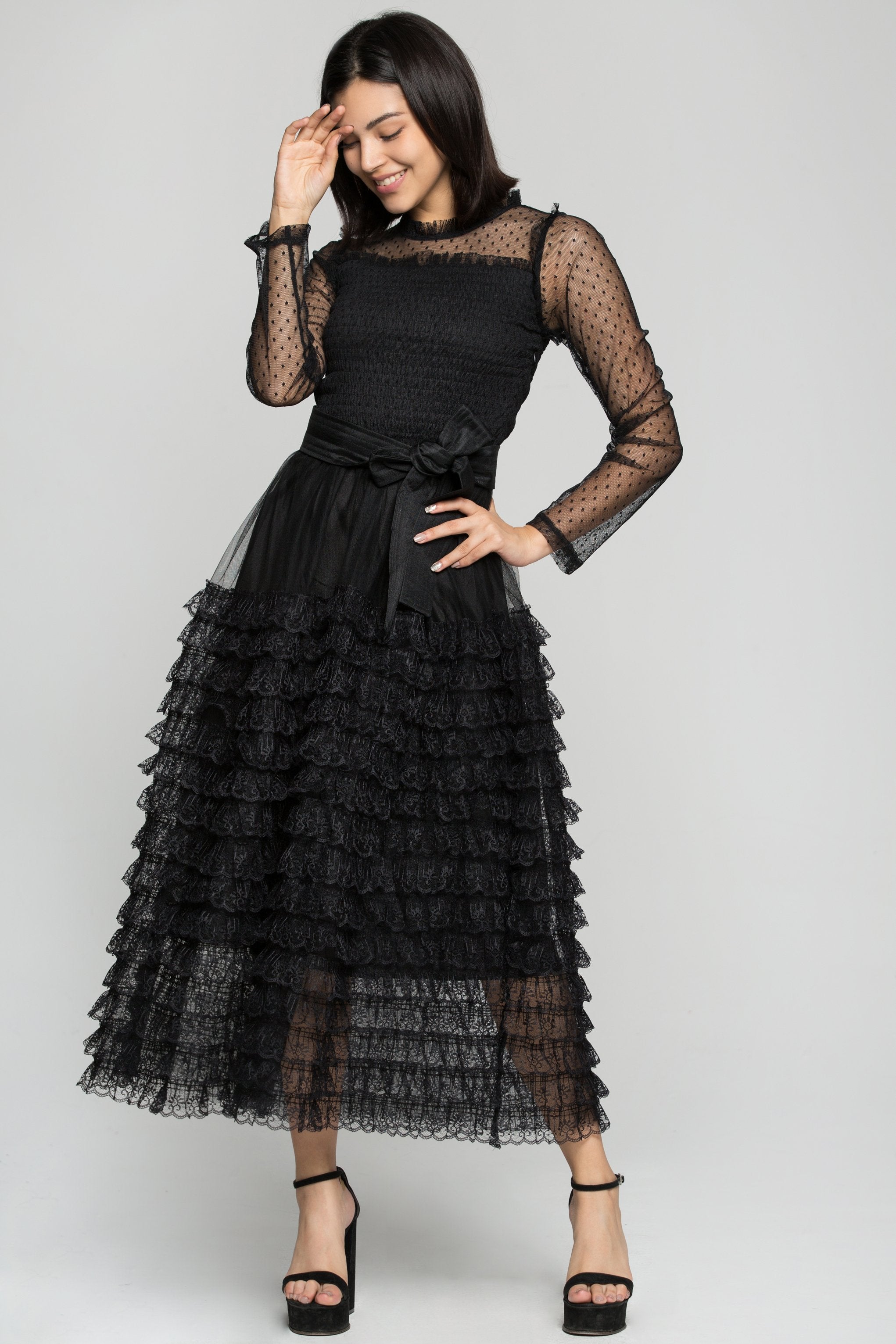Black Sheer Sleeves Tiered Ruffles Maxi Dress with Belt - ownthelooks-Development