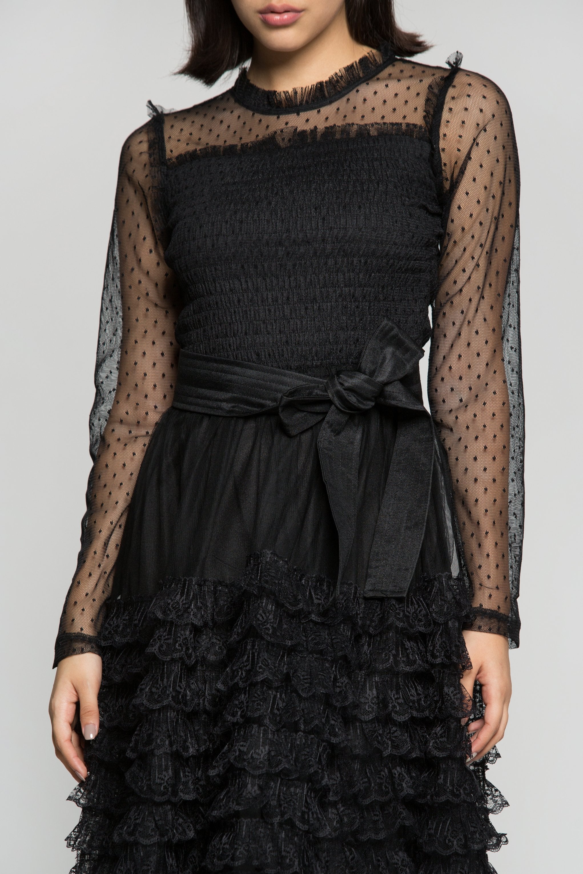 Black Sheer Sleeves Tiered Ruffles Maxi Dress with Belt - ownthelooks-Development