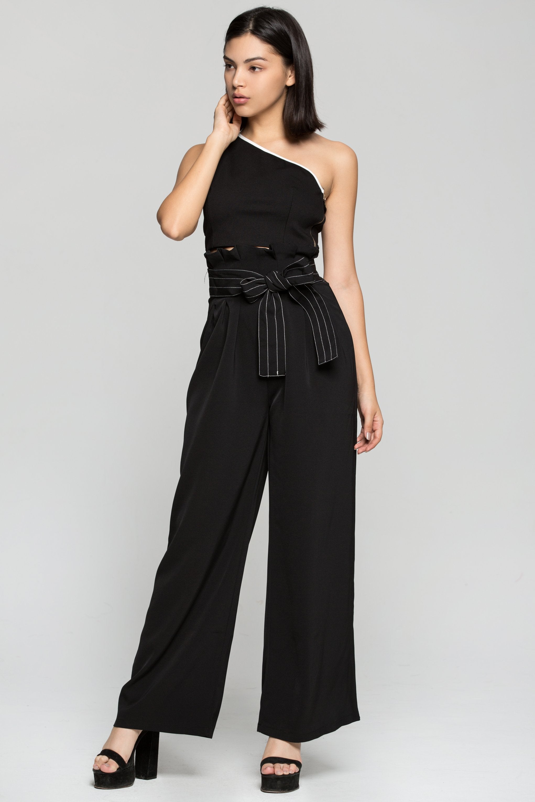 Black Solid Asymmetrical Crop Top - ownthelooks-Development