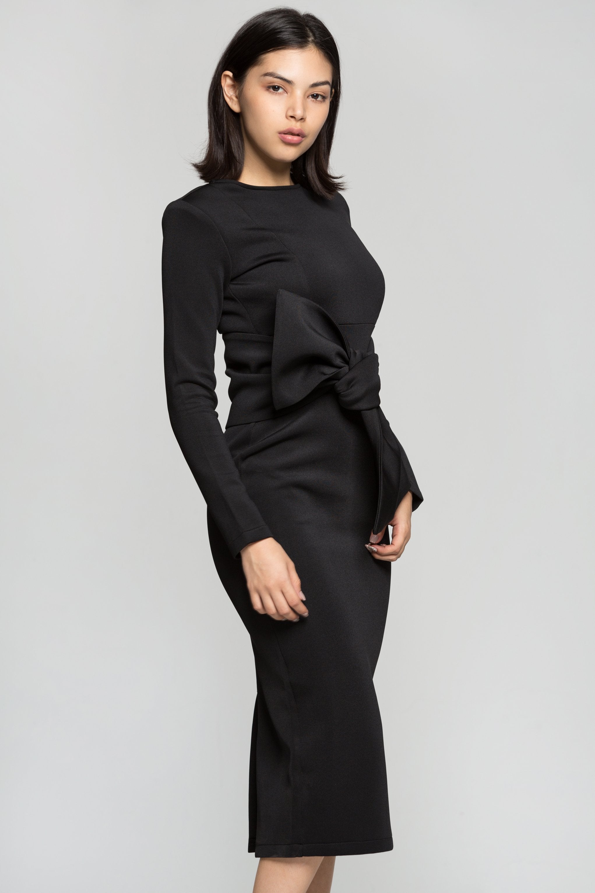 Black Solid Bow Waist Midi Dress - ownthelooks-Development