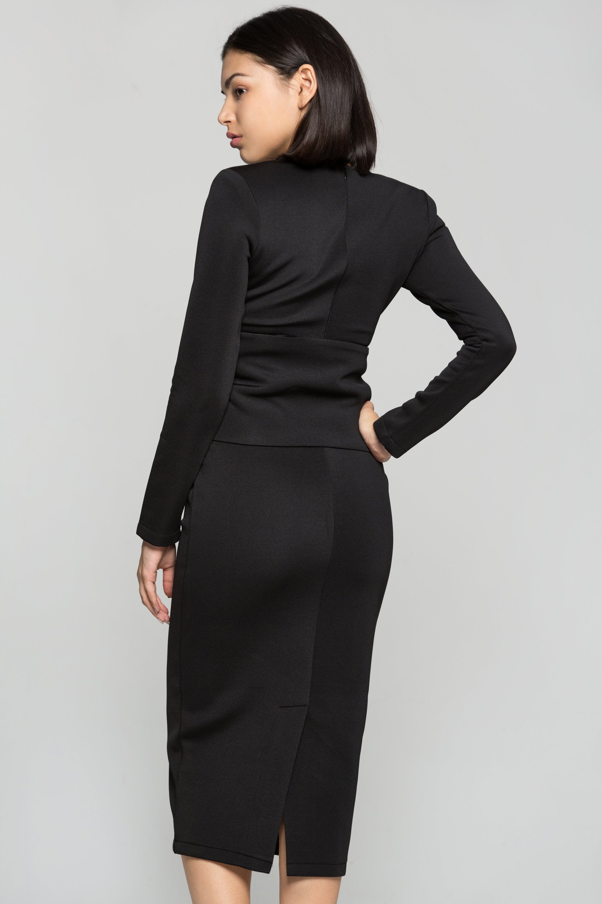 Black Solid Bow Waist Midi Dress - ownthelooks-Development