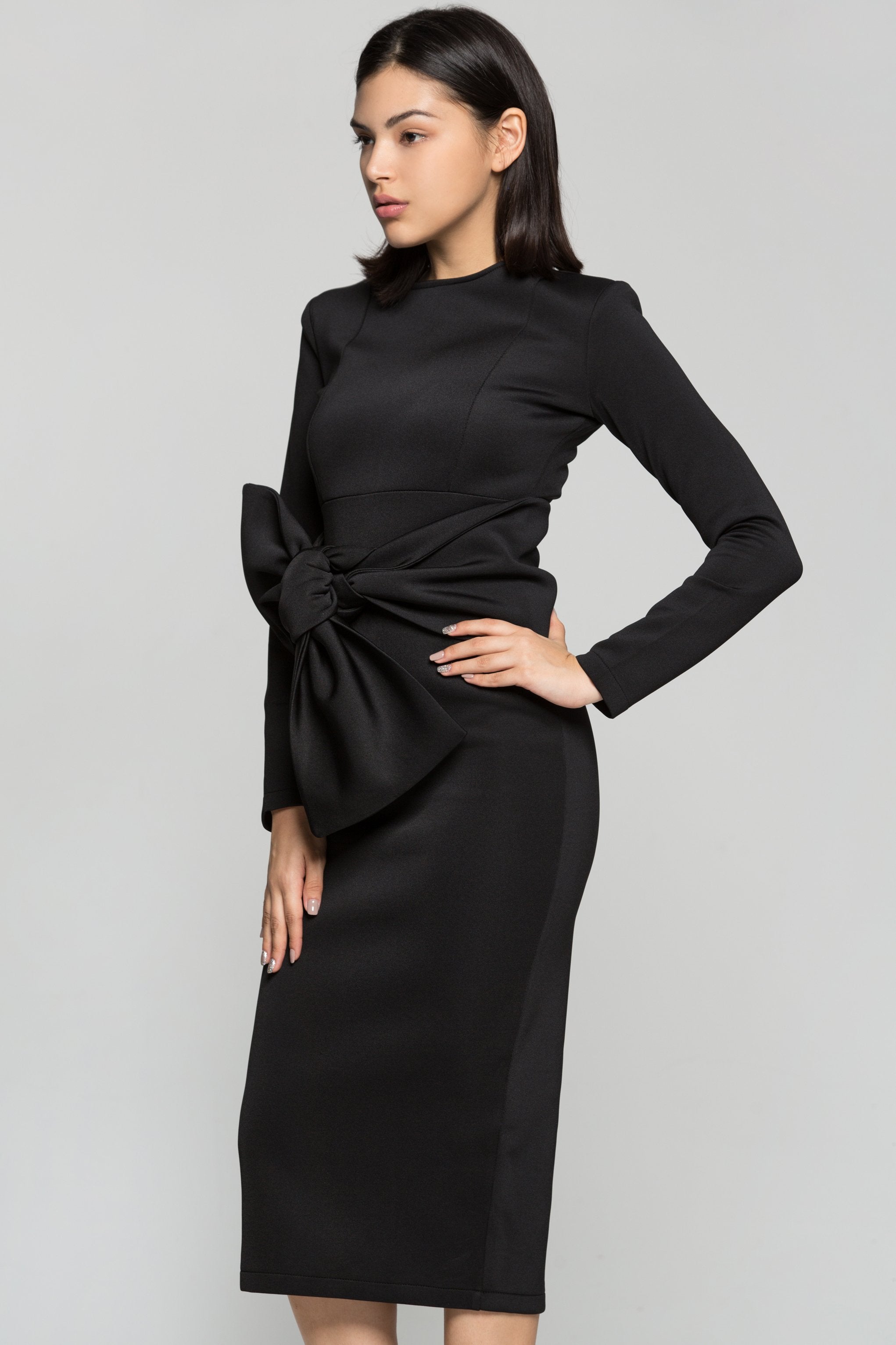 Black Solid Bow Waist Midi Dress - ownthelooks-Development