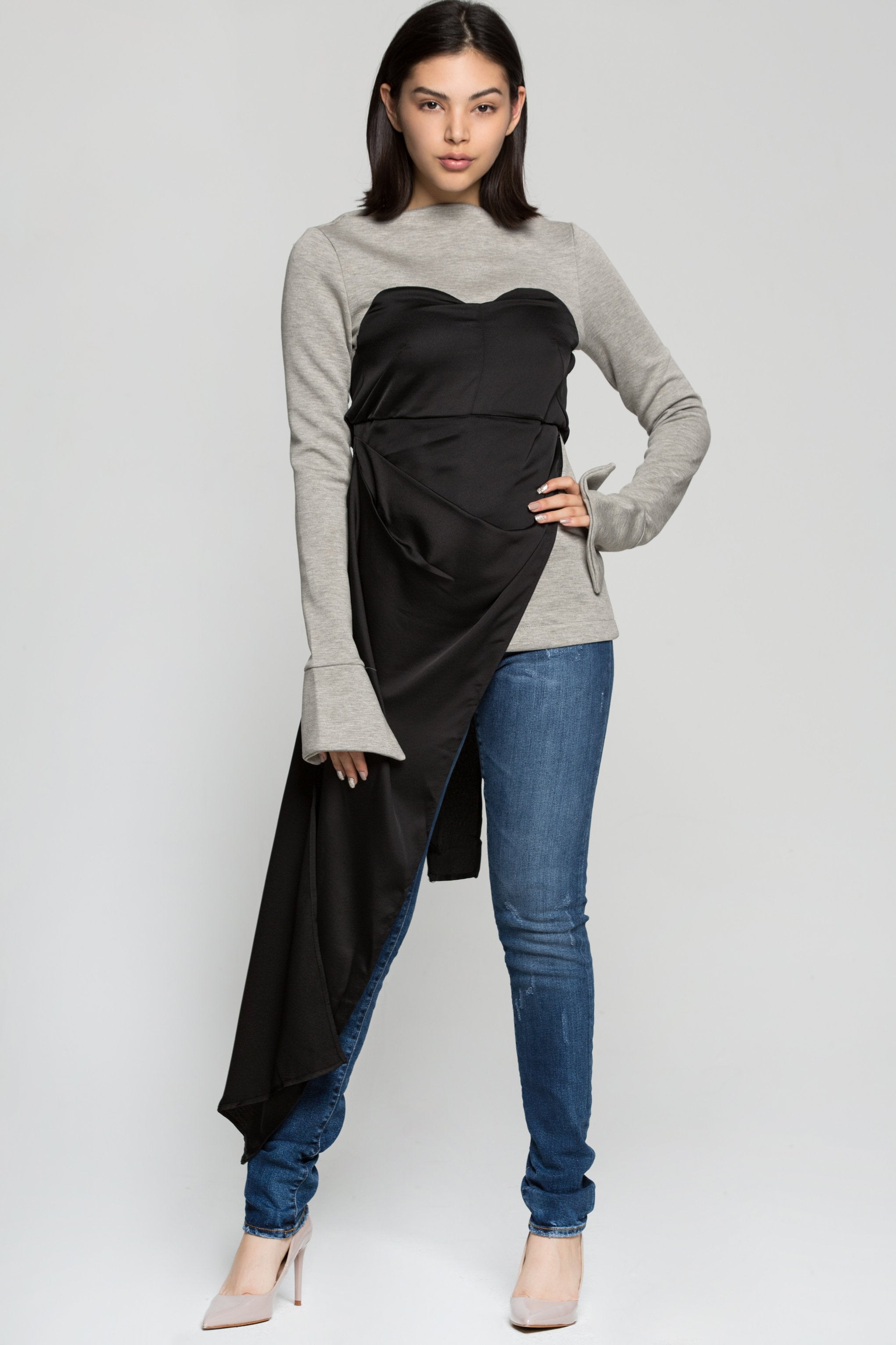 Black Sweetheart Neck Asymmetrical Tie Up Top on Grey T-shirt - ownthelooks-Development