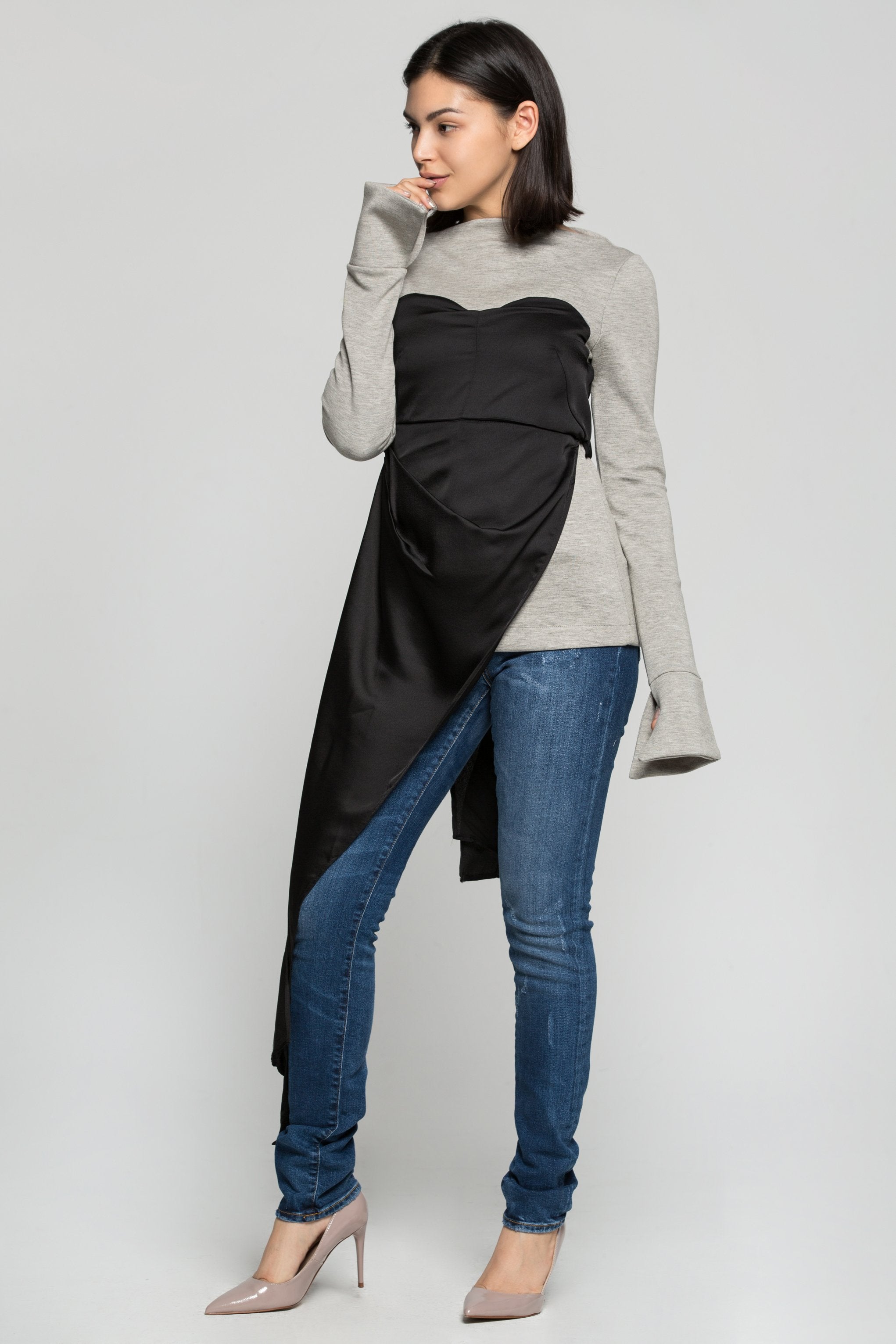 Black Sweetheart Neck Asymmetrical Tie Up Top on Grey T-shirt - ownthelooks-Development