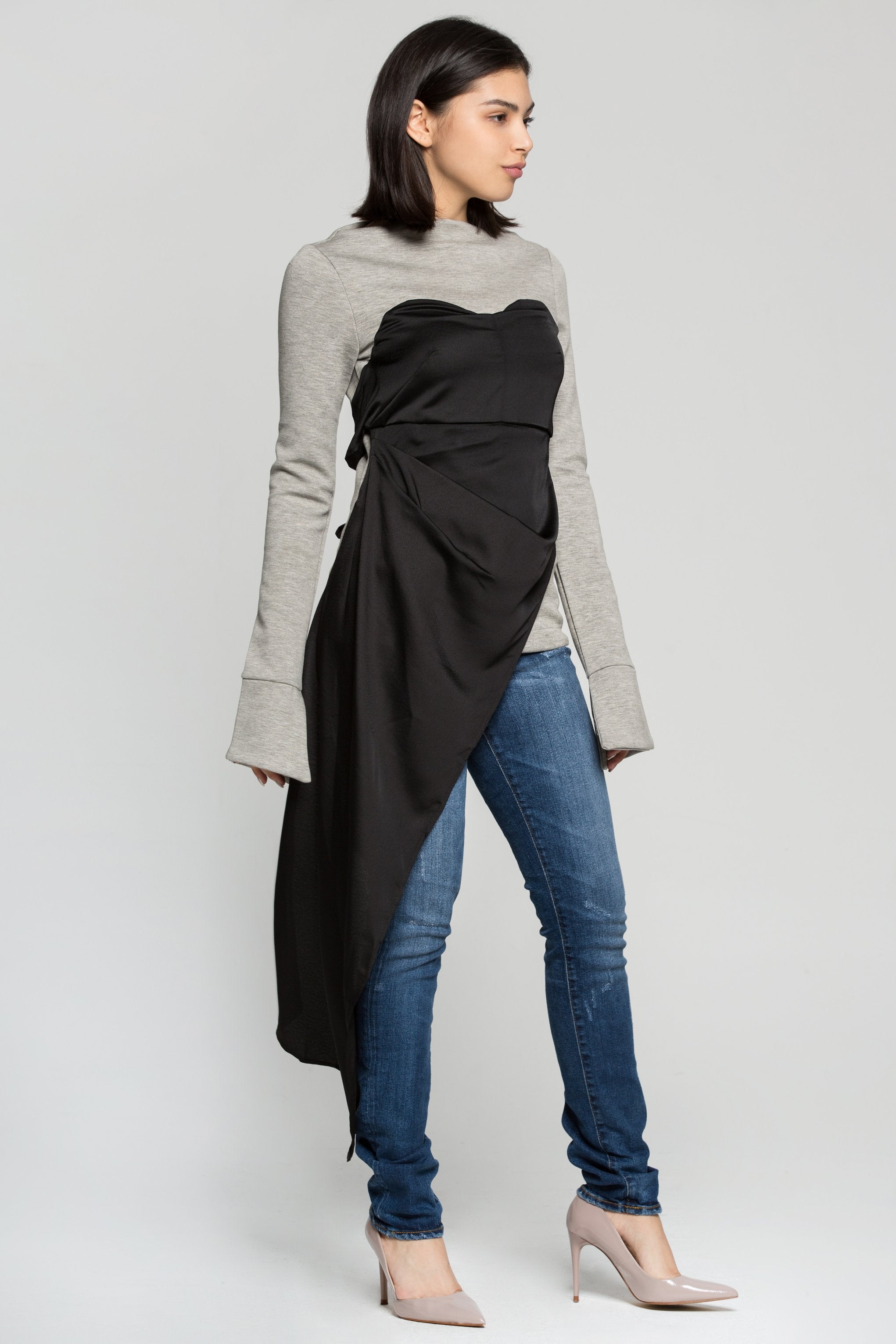 Black Sweetheart Neck Asymmetrical Tie Up Top on Grey T-shirt - ownthelooks-Development