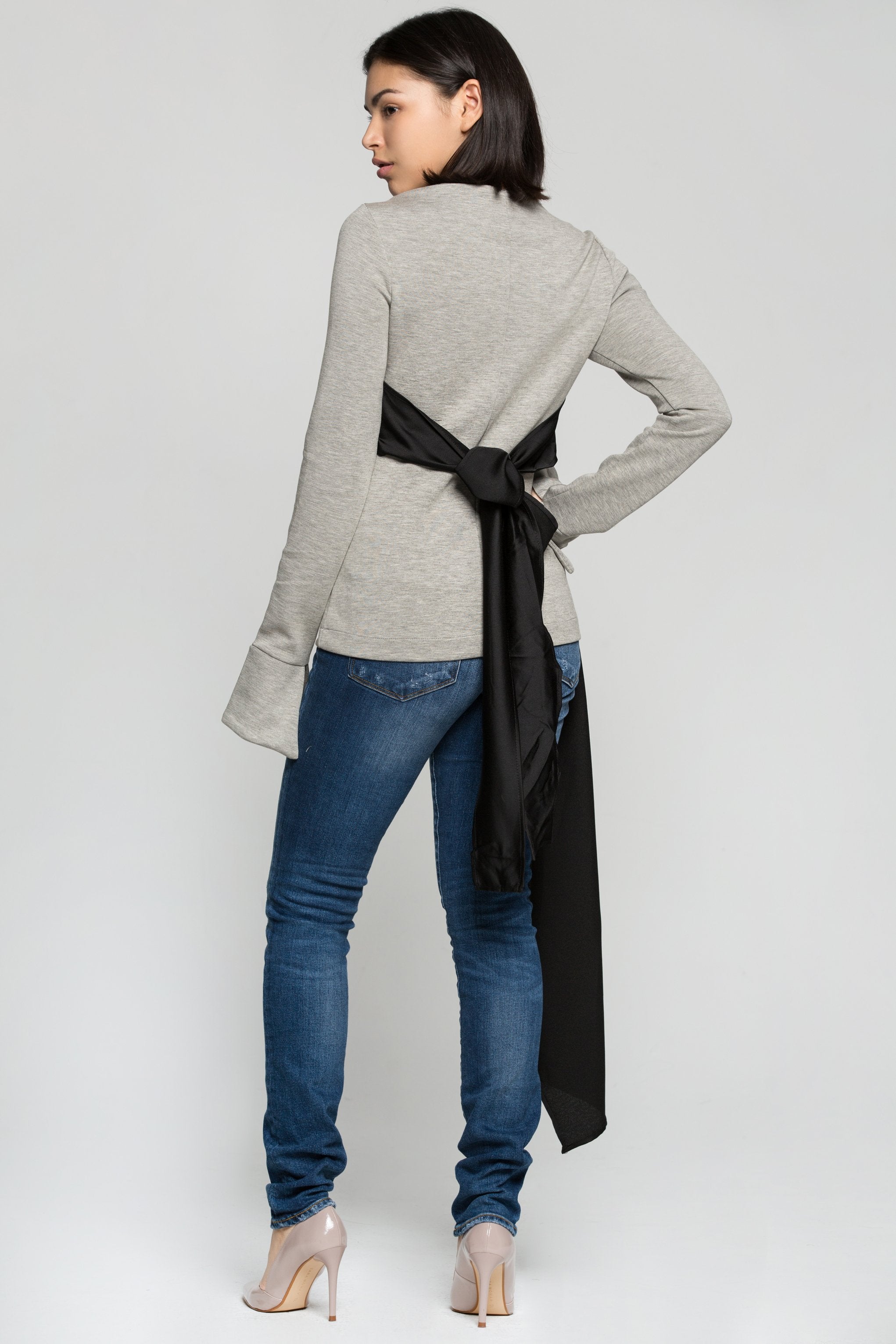 Black Sweetheart Neck Asymmetrical Tie Up Top on Grey T-shirt - ownthelooks-Development