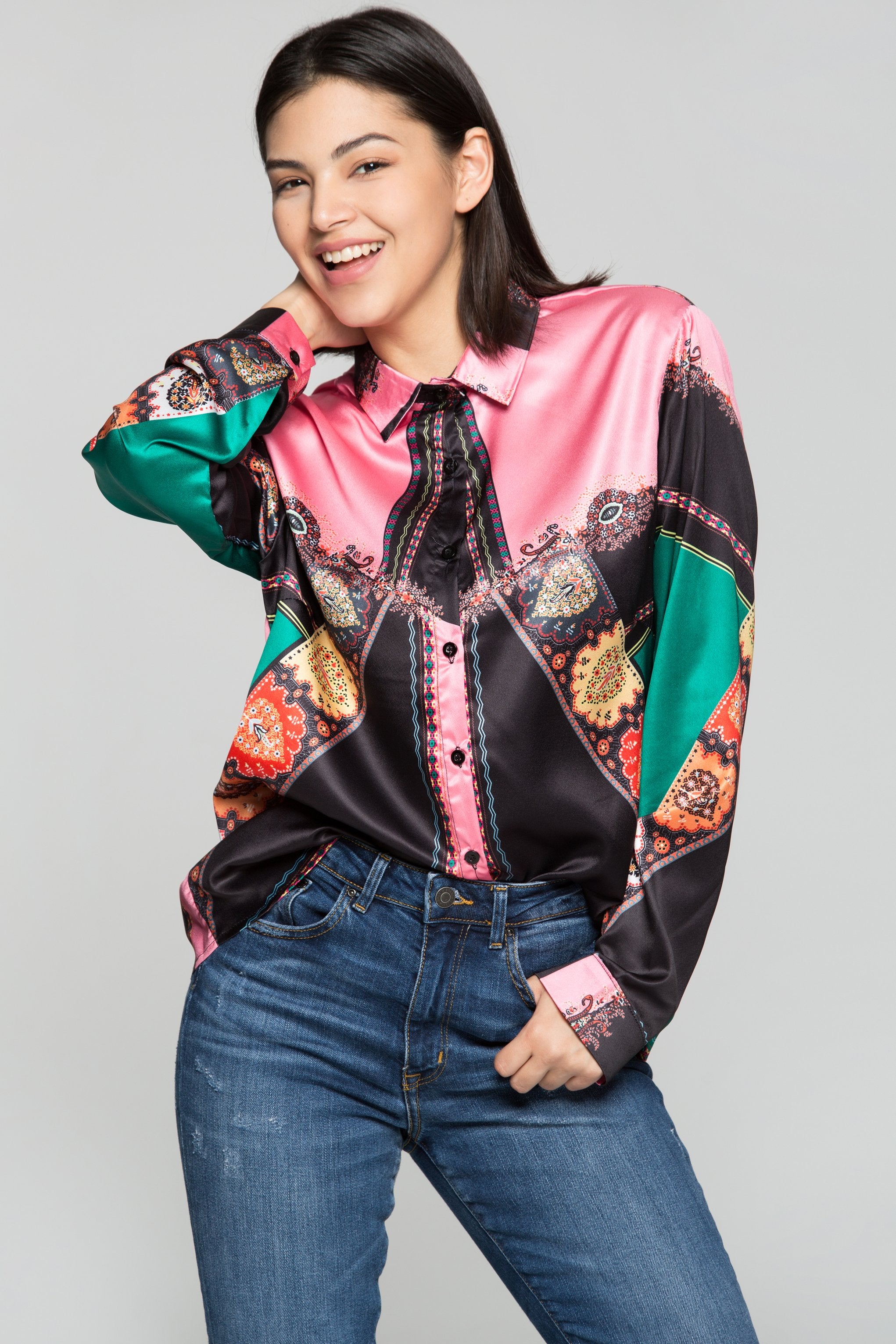 Black and Bright Pink Colorful Mixed Prints Shirt - ownthelooks-Development