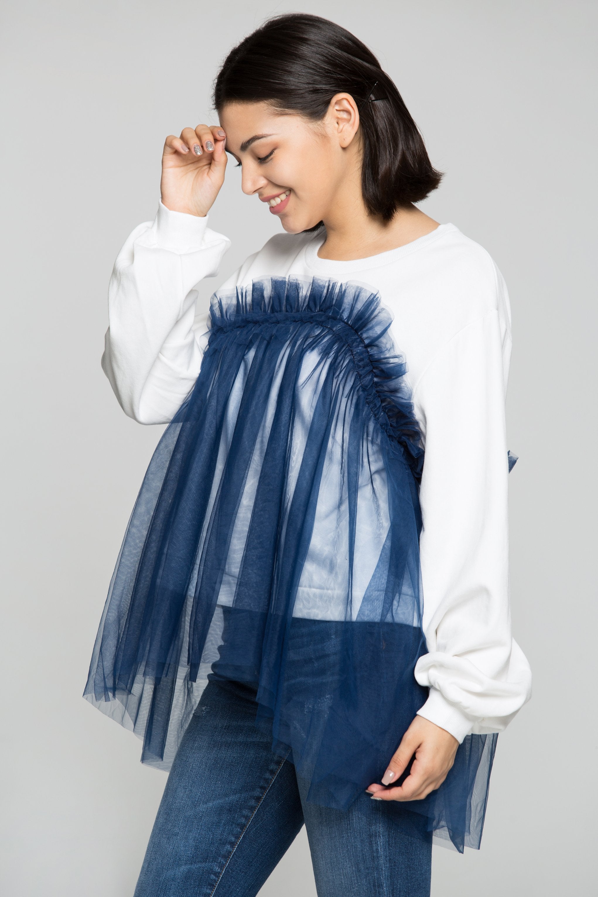Blue Fringe Sheer on White T-Shirt Top - ownthelooks-Development