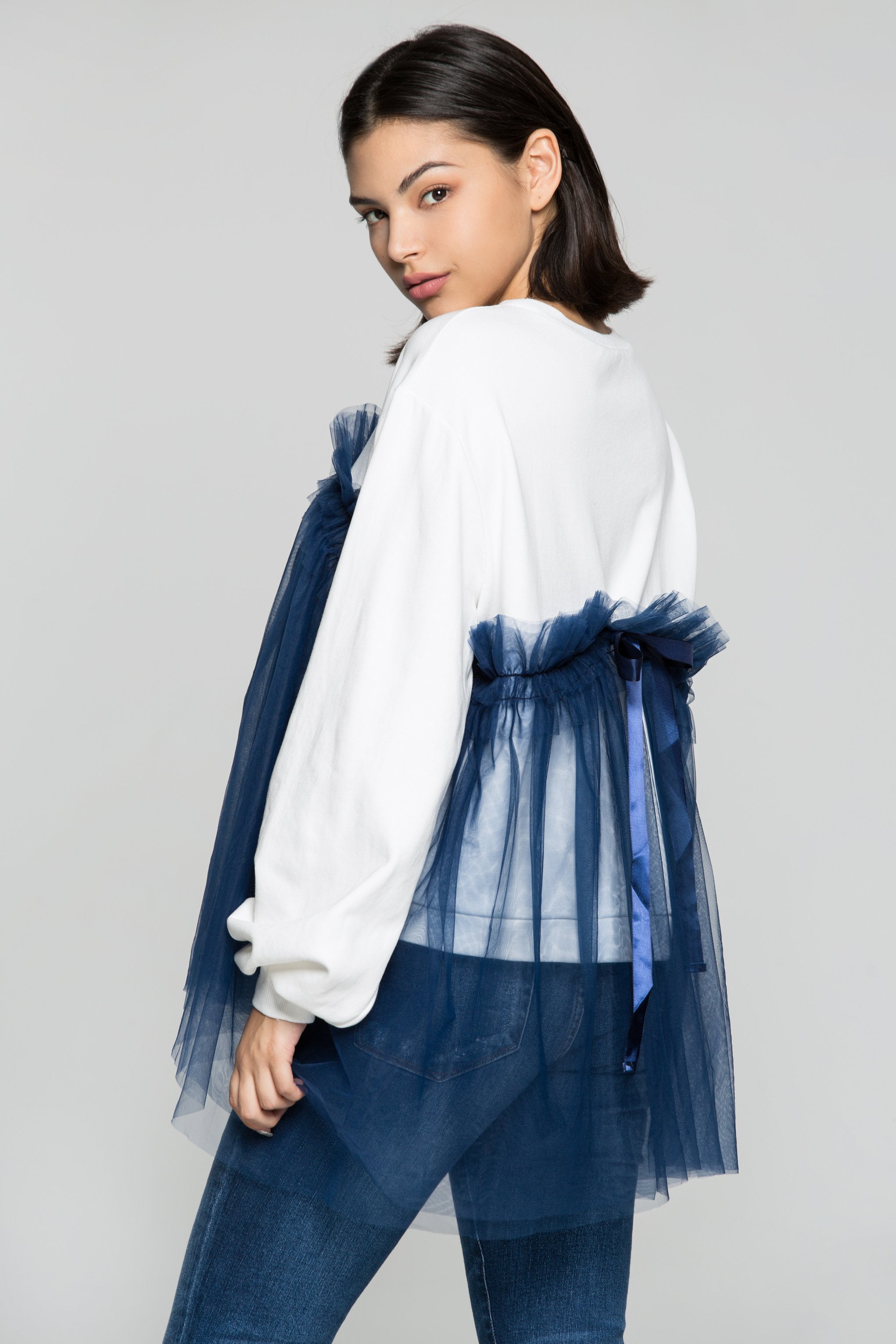 Blue Fringe Sheer on White T-Shirt Top - ownthelooks-Development