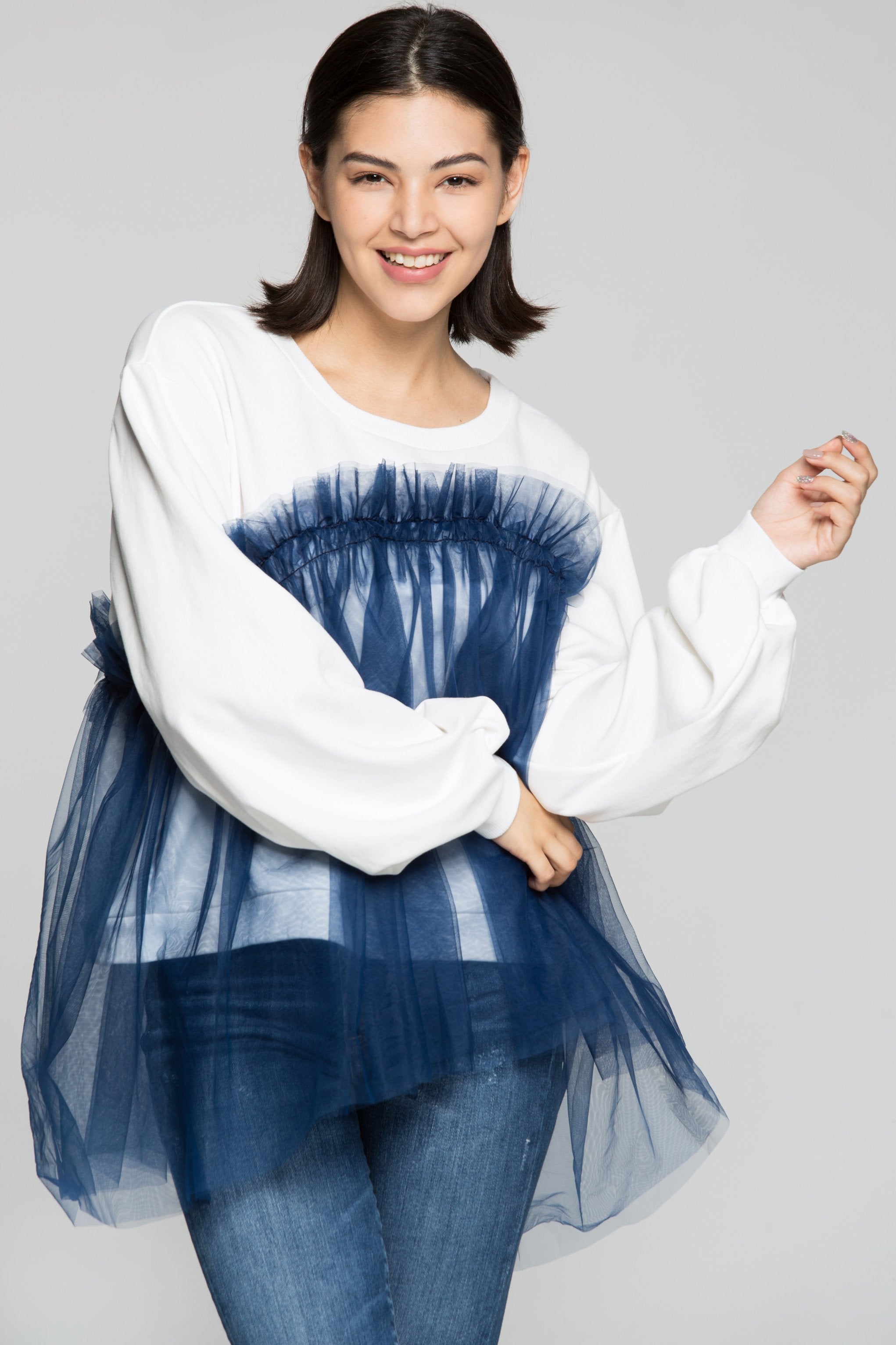 Blue Fringe Sheer on White T-Shirt Top - ownthelooks-Development