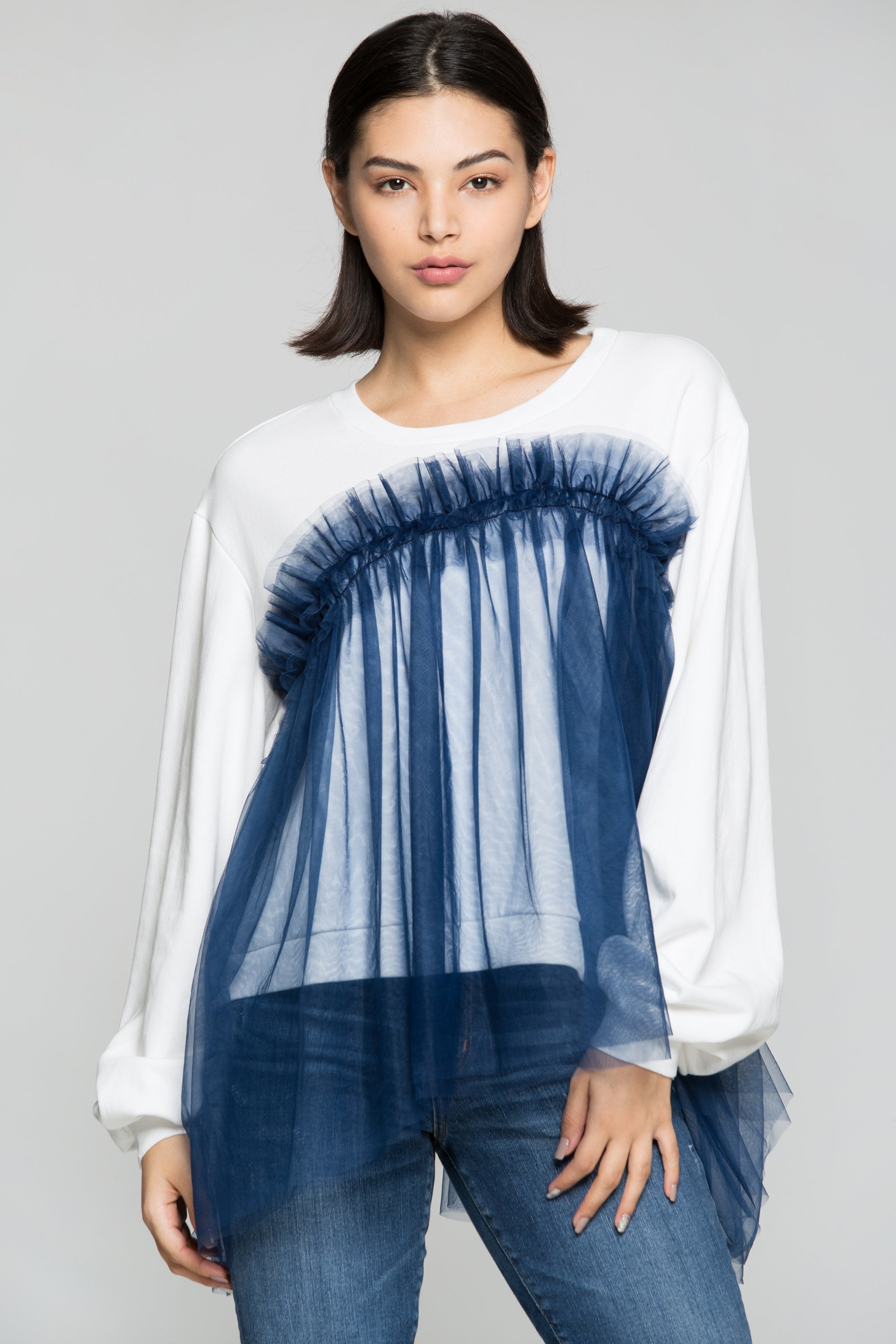 Blue Fringe Sheer on White T-Shirt Top - ownthelooks-Development