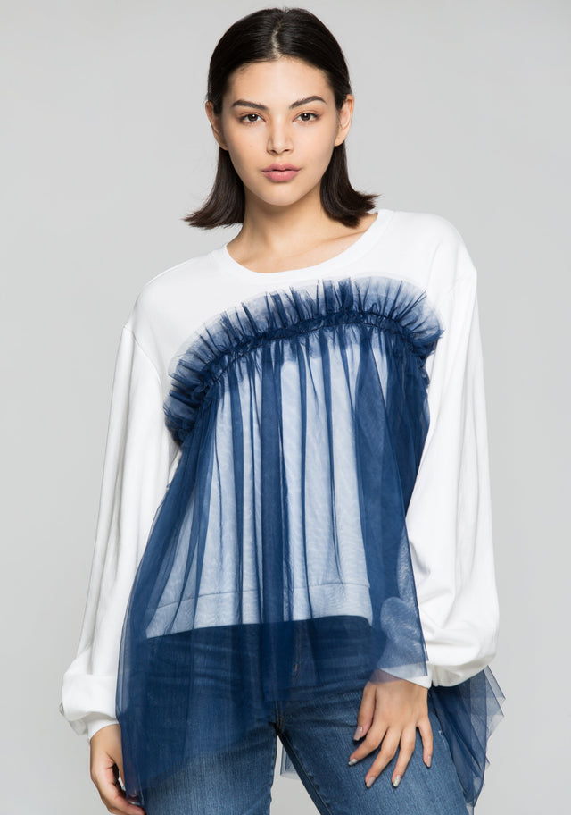 Blue Fringe Sheer on White T-Shirt Top - ownthelooks-Development