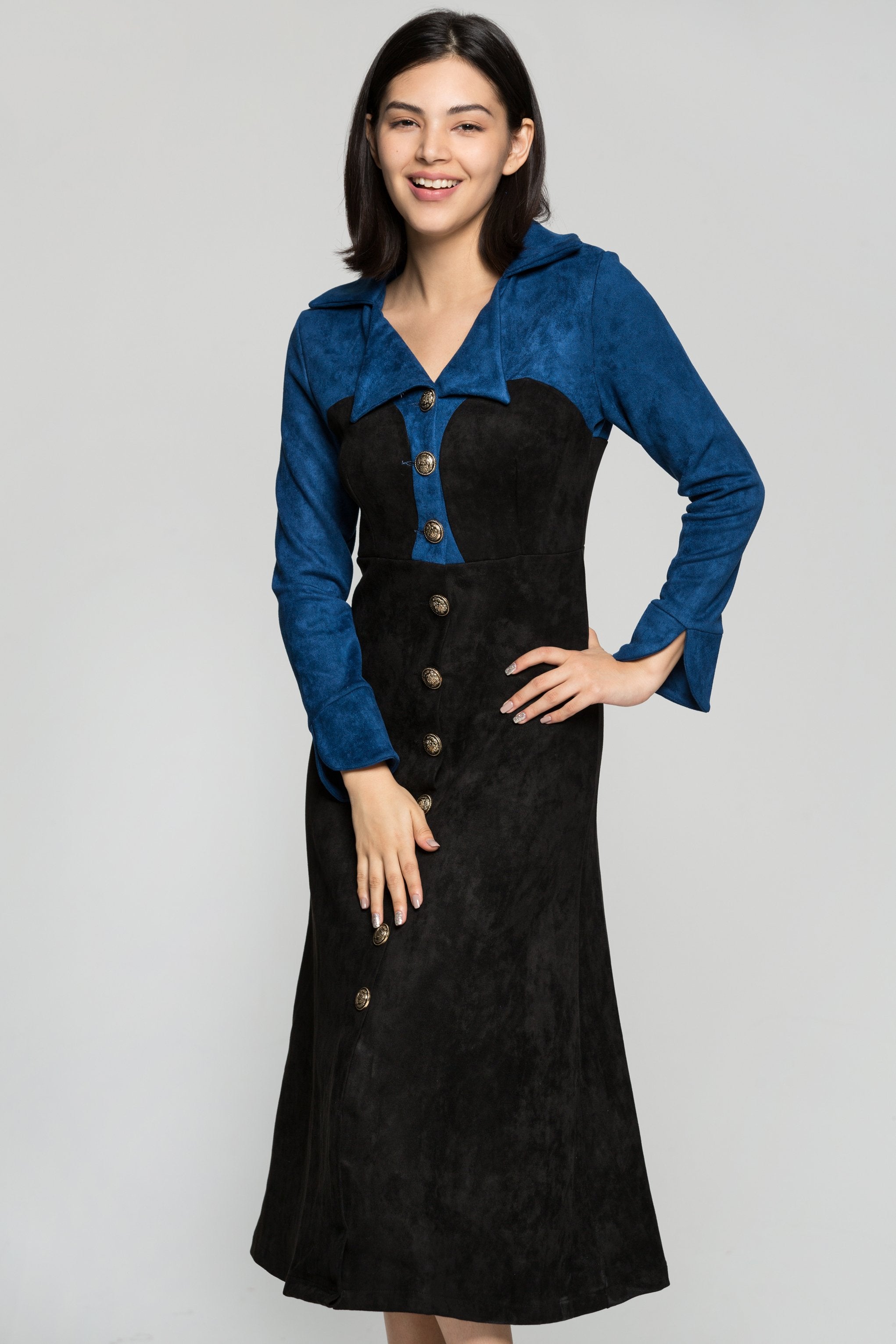 Blue and Black Italian Collar Midi Dress - ownthelooks-Development