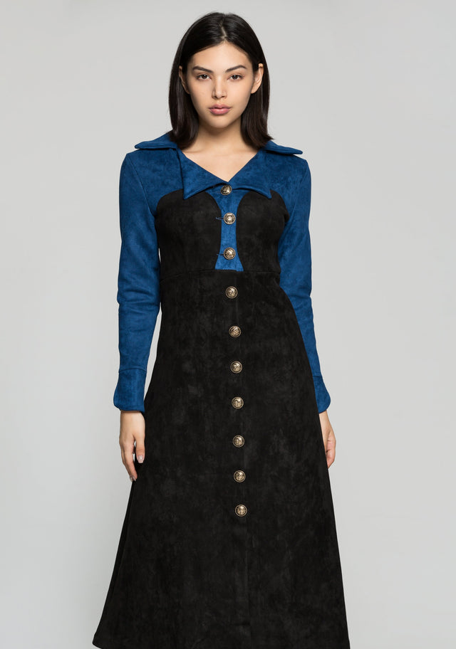Blue and Black Italian Collar Midi Dress - ownthelooks-Development