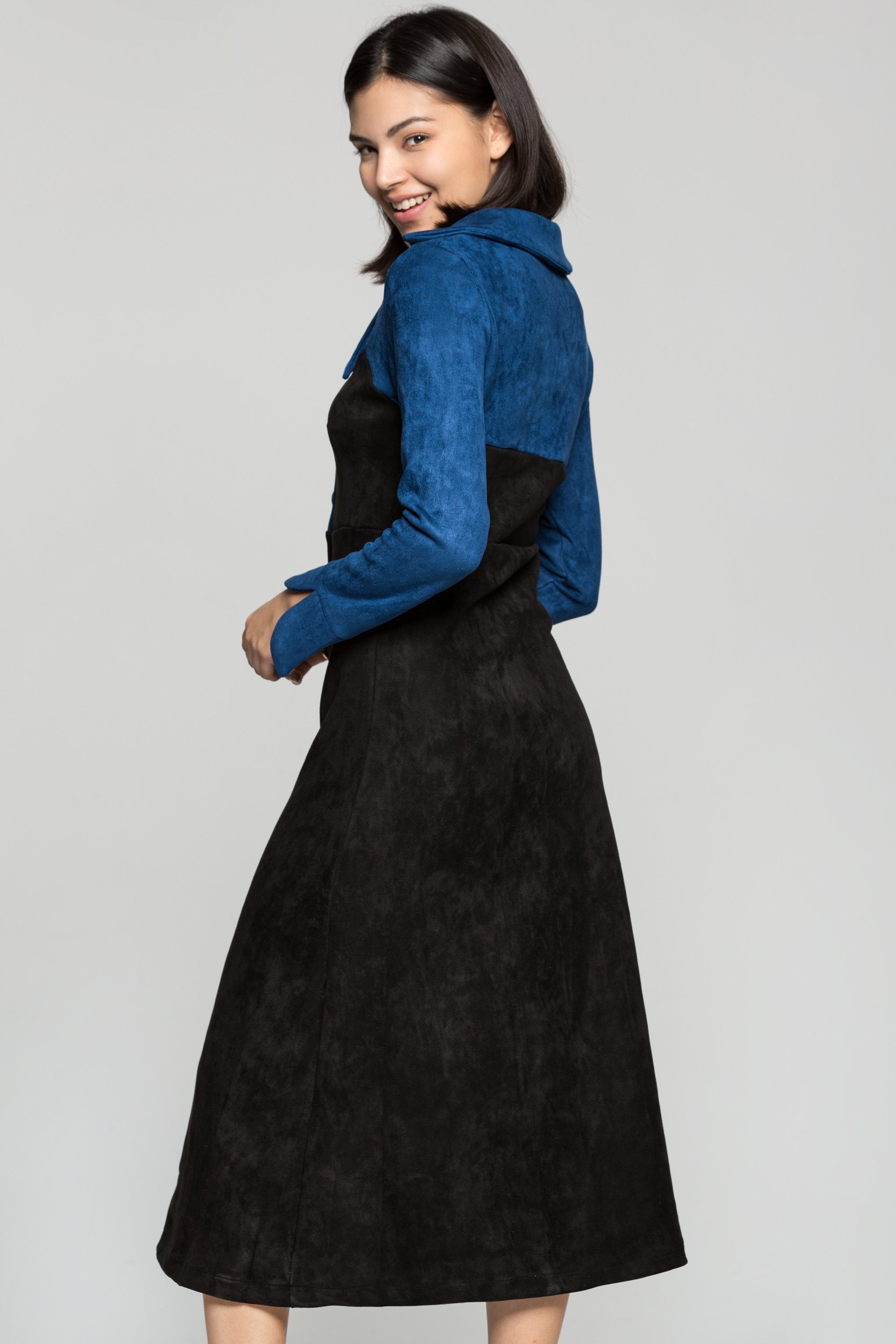 Blue and Black Italian Collar Midi Dress - ownthelooks-Development