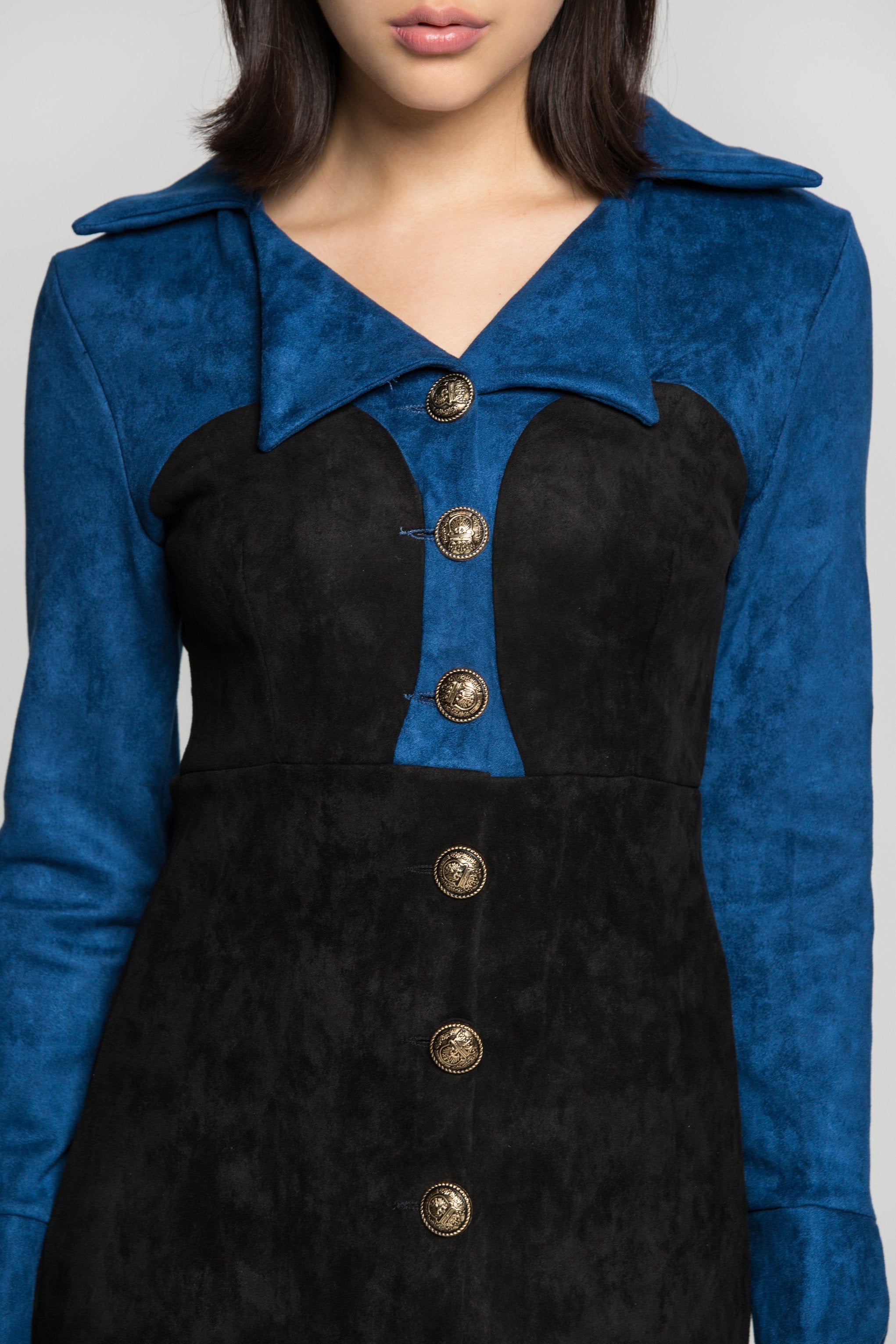 Blue and Black Italian Collar Midi Dress - ownthelooks-Development