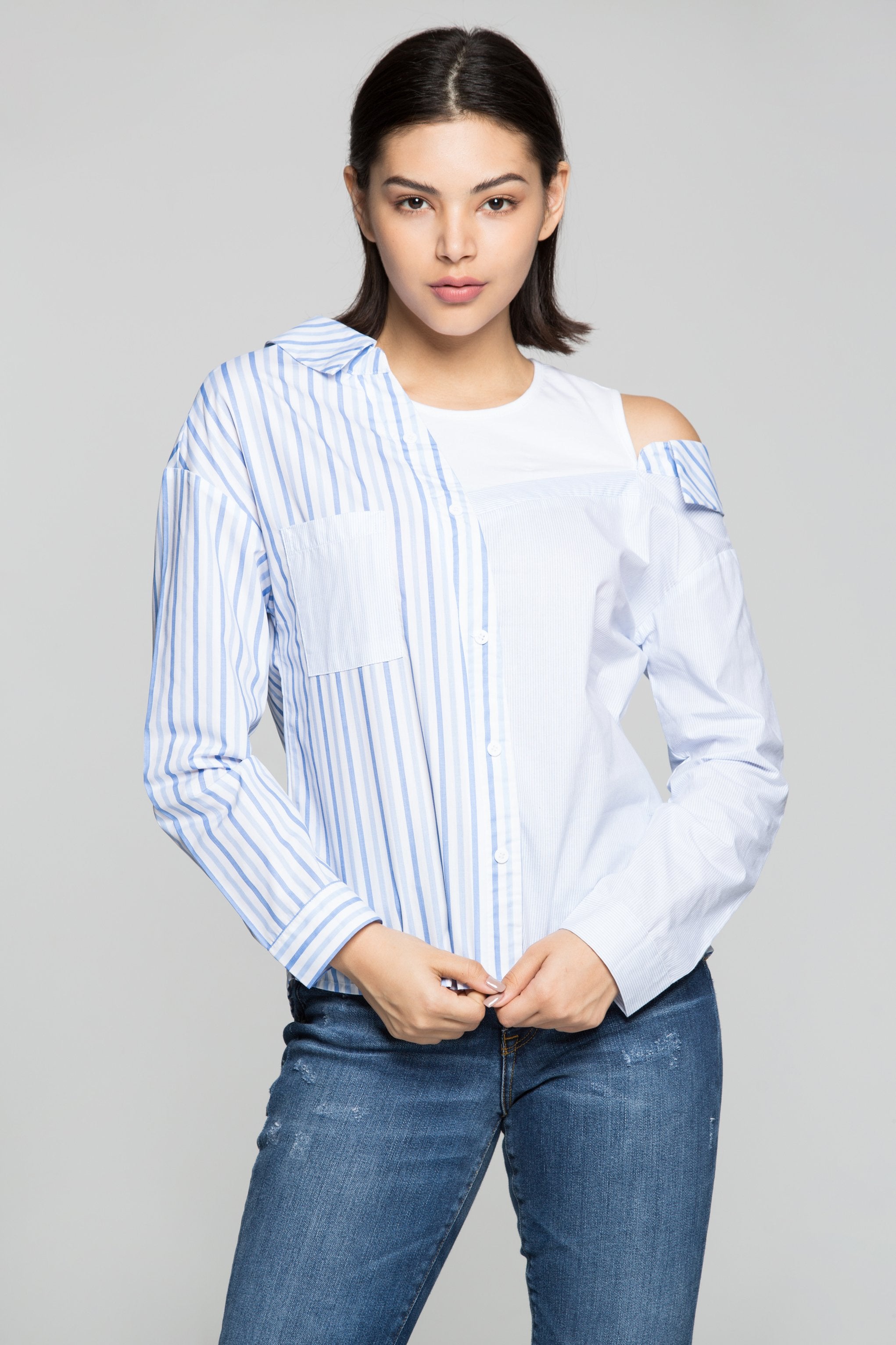 Blue and White Asymmetrical Stripes Shirt - ownthelooks-Development