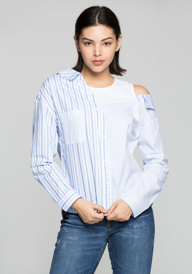 Blue and White Asymmetrical Stripes Shirt - ownthelooks-Development