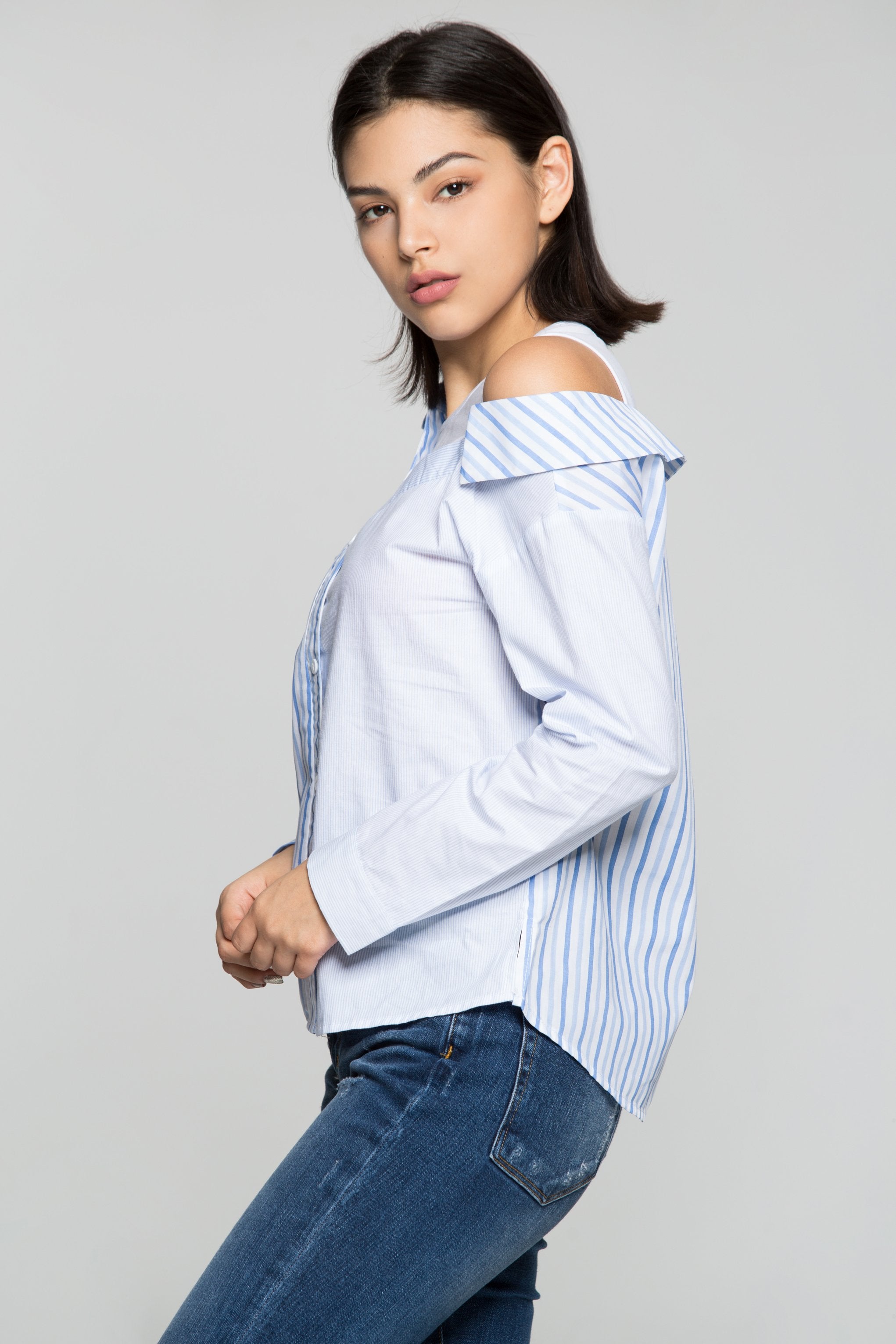 Blue and White Asymmetrical Stripes Shirt - ownthelooks-Development