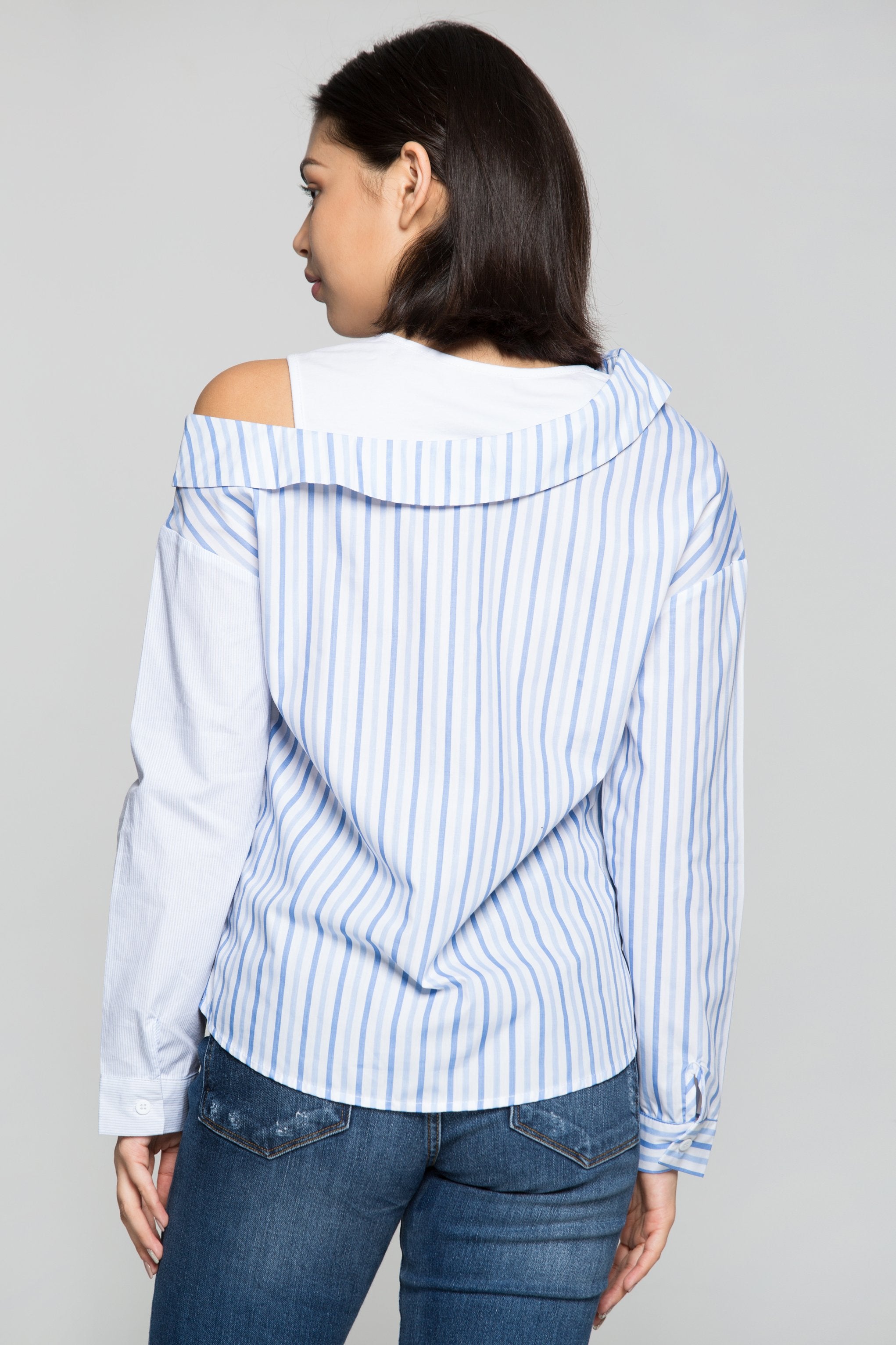Blue and White Asymmetrical Stripes Shirt - ownthelooks-Development