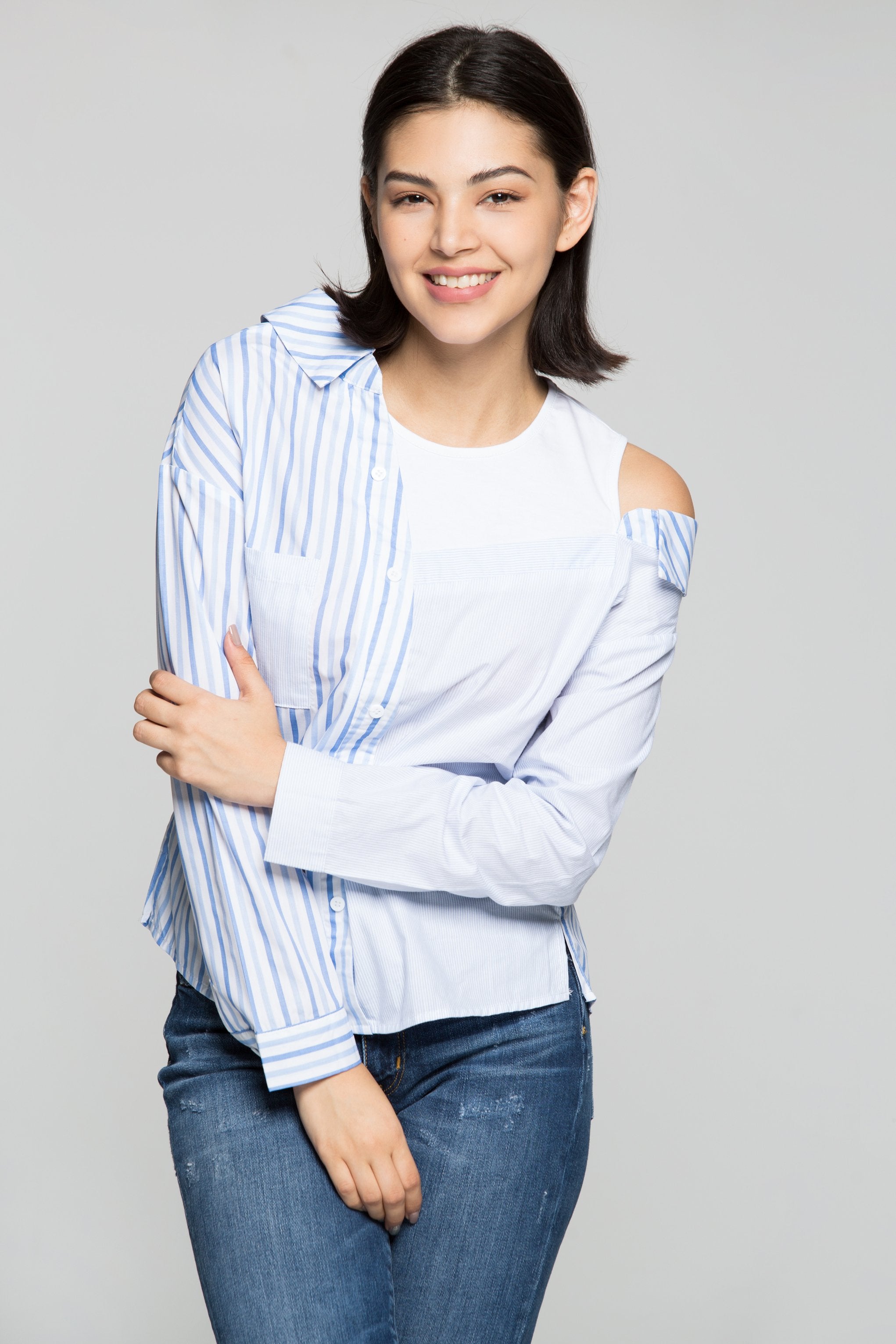 Blue and White Asymmetrical Stripes Shirt - ownthelooks-Development